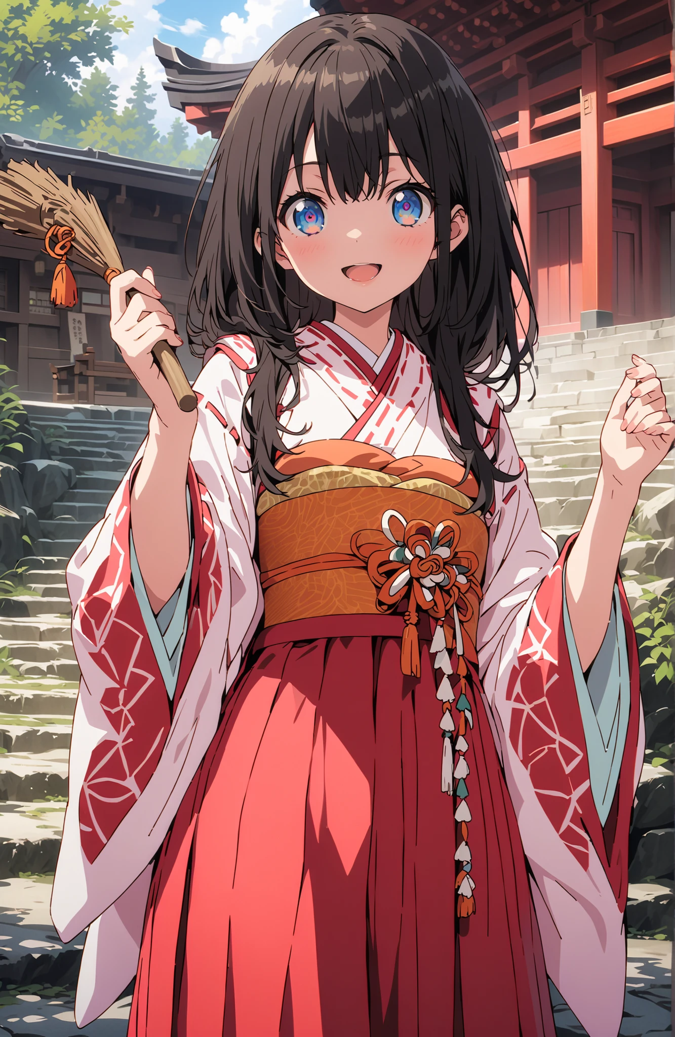 score_9, score_8_up, score_7_up, source_anime,screencap,It's because of Rikkata, black hair with a young pattern, blue eyes, long hair , smile,cover,Open Your Mouth,Orange wrist scrunch, Shrine maiden, kimono, object, Red Hakama Skirt , Wide Sleeves, long sleeve, ribbon trim sleeve,Sandals, white socks,holding a broom grip with both hands,cleaning, standing on a stone staircase,noon,full bodyがillustrationsに入るように,break outdoors, shrine,
break looking at viewer,full body,
break (masterpiece:1.2), Best Quality, high resolution, Unity 8k 壁紙, (illustrations:0.8), (beautiful detailed eyes:1.6), very detailed face, so that it fits into the illustration, Extremely Detailed CG, (perfect hand, perfect anatomy),