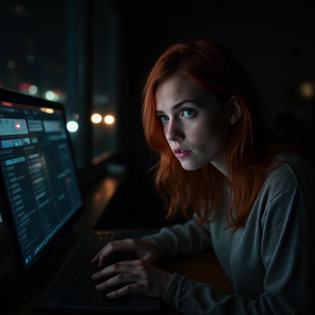 red-haired blue eyes woman looking at a table PC ,  with a worried face seen from the side ,  in a dark room with a view of a city at night,  