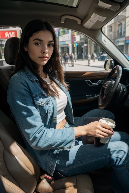 (calidad media, 1080 megapixels, media Resolucion, half resolution:1.2), (profesional, realista, fotorrealista:1.37), mujer latina, inside a car, enjoying a morning coffee, (relajado, calma, peaceful), (con auriculares puestos, listening to music)