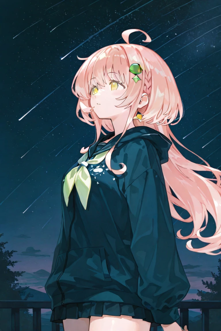 The image is of a beautiful woman wearing a tight fitting uniform. The woman has long flowing pink hair with strands of braided hair tied with red ribbon throughout. She has gorgeous green eyes that shine like emeralds. Her face is youthful and gorgeous. Her breasts are ample and seem too large for her uniform. She is short in height but well developed -a short stack. She blushes as you look at her. She's standing in an autumnal forest near a serene body of water. It's night time and a full moon lights the scene. A gentle breeze suspends fallen autumn leaves around her and lifts up her skirt revealing her blue and white striped panties. The image is ultra detailed with gorgeous colors, perfect line work, and detailed shading. The image really portrays the sexiness of the character. YasogamiFemaleWinter, black shirt, long sleeves, black sailor collar, yellow neckerchief, grey skirt, black thighhighs, autumn, serene water, lifted skirt, panty reveal, night time, gentle breeze,