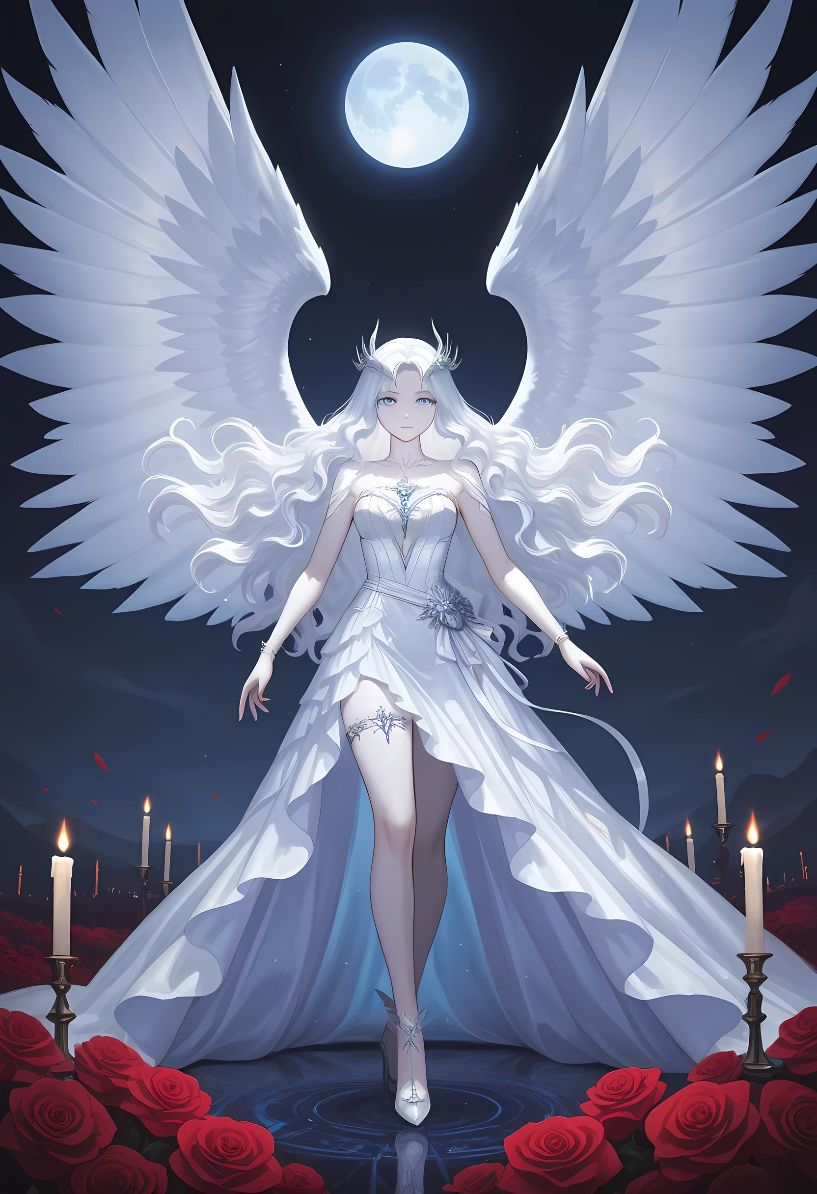 Dark fantasy art, fantasy art, goth art, a picture of a woman angel, drinking wine, pale white skin, white hair, Ultra detailed face, Best Detailed face, spread wings, long hair, wavy hair radiant eyes, blue eyes, she wears a white leather dress, delicate dress, there are roses imprinted on the dress, red roses, high heels, candles light, divine glamour shot, under the night sky, full moon, Cinematic Shot, fantasy, LOAsuccXL, strapless, anime