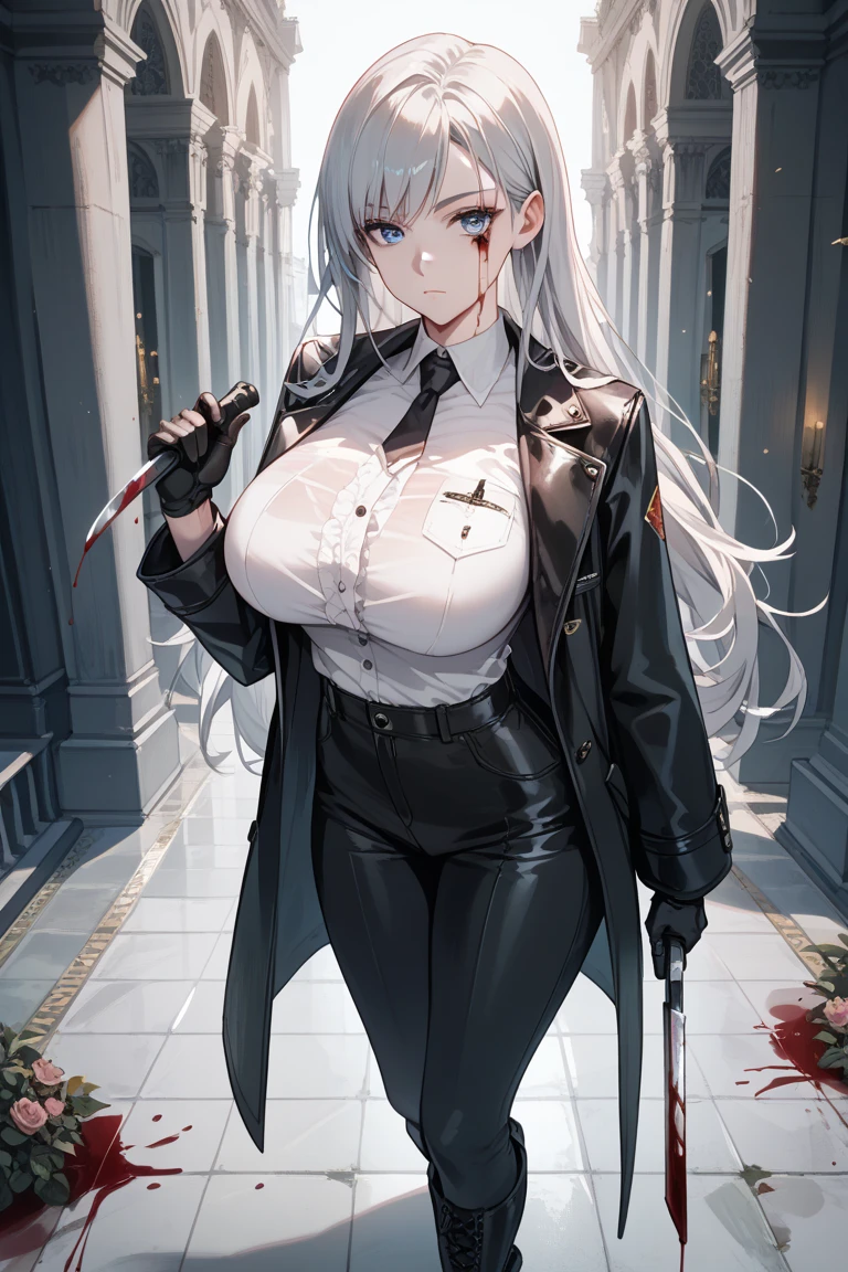 cabelos preto e longos,Business suit,Black Hanfu,Lady Lady,big breasts beautiful,eye shadows,One-handed gun,smallunderboob,Carrying a weapon case behind him