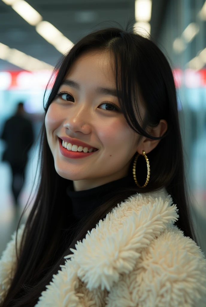 selfie, (Photoreal: 1.4), (Image enhancement: 1.4), ( Top quality real skins: 1.4), 20-year-old, asian girl, dressed warmly, australian forest scene, smile, standing, night time, close up, hands hidden, selfie