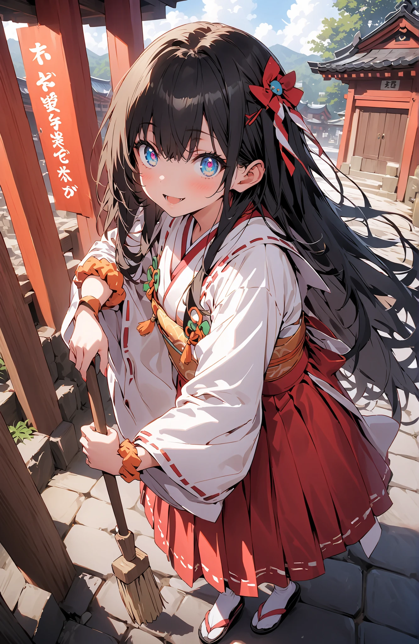 score_9, score_8_up, score_7_up, source_anime, It's because of Rikkata, black hair with a young pattern, blue eyes, long hair, orange scrunch, scrunchie, Wrist Scrunches , smile,cover,Open Your Mouth,Orange wrist scrunch, Shrine maiden, kimono, object, Red Hakama Skirt , Wide Sleeves, long sleeve, ribbon trim sleeve,Sandals, white socks,holding a broom grip with both hands,cleaning, standing on a stone staircase,noon,full bodyがillustrationsに入るように,break outdoors, shrine,
break looking at viewer,full body,
break (masterpiece:1.2), Best Quality, high resolution, Unity 8k 壁紙, (illustrations:0.8), (beautiful detailed eyes:1.6), very detailed face, so that it fits into the illustration, Extremely Detailed CG, (perfect hand, perfect anatomy),