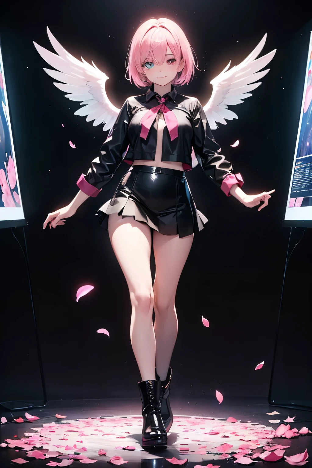 A beautiful woman with long angel wings, (calm and serene look), one black wing and the other white, heterochromia in the eyes, wearing a black blouse and a mini skirt with long knee-high socks and black leather boots, in a room in a laboratory, amidst a projection of beautiful trees with pink petals falling gently, ((living in a hologram)), ((dystopian)), ((dark environment with holographic screens showing trees and pink petals)), ((cracked screen)), (half smile), (tear running from one eye), (beautiful body), (beautiful curves), (well-designed body), ((full body view)), ((detailed)), ((masterpiece)), ((high definition)), ((ultra HD))