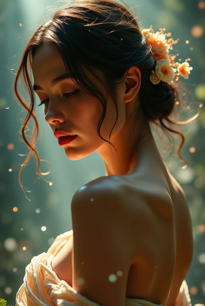 A nude woman, beautiful detailed eyes, beautiful detailed lips, extremely detailed face and skin, long eyelashes, goddess-like figure, graceful pose, outdoor garden setting, natural lighting, lush greenery, blooming flowers, serene atmosphere, photorealistic, highly detailed, 8k, cinematic lighting, dramatic colors, oil painting, masterpiece