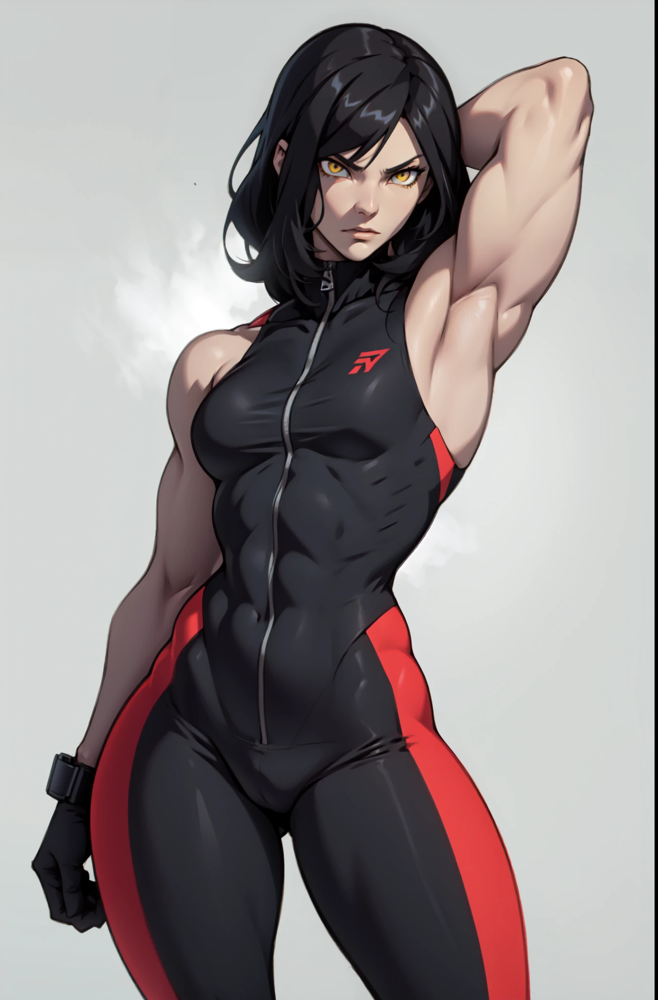 solo standing skintight ((muscular girl perfect anatomy)) toned body massive breasts yellow eyes black hair pale skin