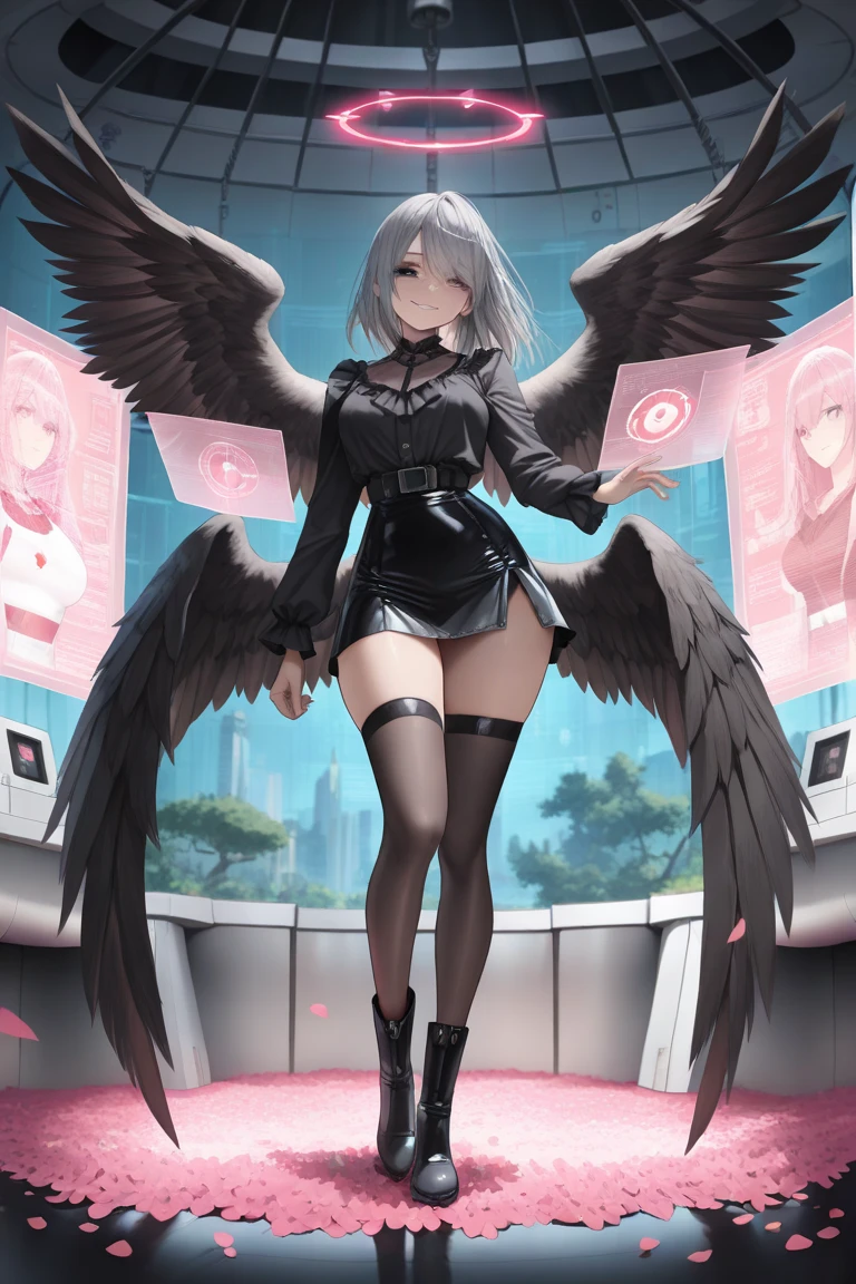 4k anime wallpaper, 4k anime wallpaper, Anime Art Wallpapers 8K, 4K Anime Style, anime art wallpaper 4k, anime art wallpaper 4k, 4k anime wallpaper, Eugeo Art, Detailed digital anime art, ((masterpiece, highest quality)), (Complex Light), Perfect hands, Perfect Eyes、Perfect legs、Hyper Detail, Bright colors, beautiful girl、cyber punk、Silver short hair, Pause, headphone, Red eyes, Tempting, Half coat on, Off the shoulder、Knee-high、boots, colorful, neon、Japanese anime style.
