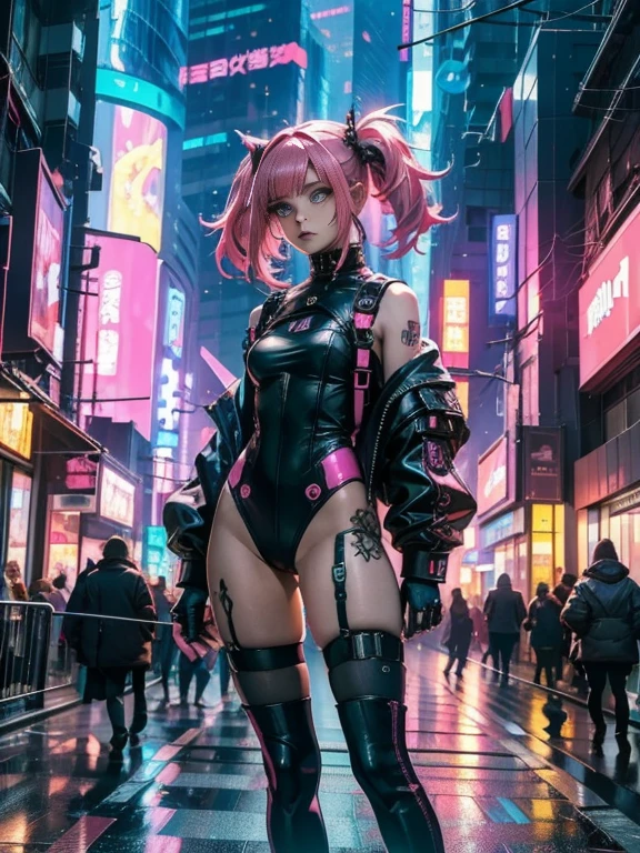 masterpiece, best quality, 2 ((smiling)) cyberpunk girl, Harajuku-inspired cyberpunk body harness, bold colors and patterns, eye-catching accessories, trendy and innovative hairstyle, dazzling Cyberpunk cityscape, skyscrapers, glowing neon signs, LED lights, anime illustration, detailed skin texture, detailed cloth texture, beautiful detailed face, intricate details, ultra detailed, cinematic lighting, strong contrast.