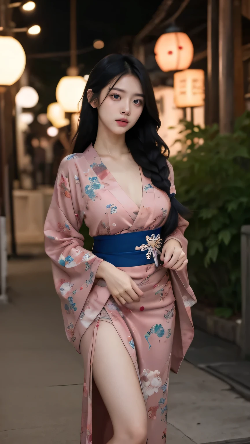 score_9, score_8_up, score_7_up, 1girl, solo, long hair, breasts, looking at viewer, large breasts, dress, blue hair, standing, braid, thighs, japanese clothes, kimono, nail polish, lips, sash, night, colored skin, looking down, short dress, floral print, from below, red dress, red nails, blue skin, paper lantern