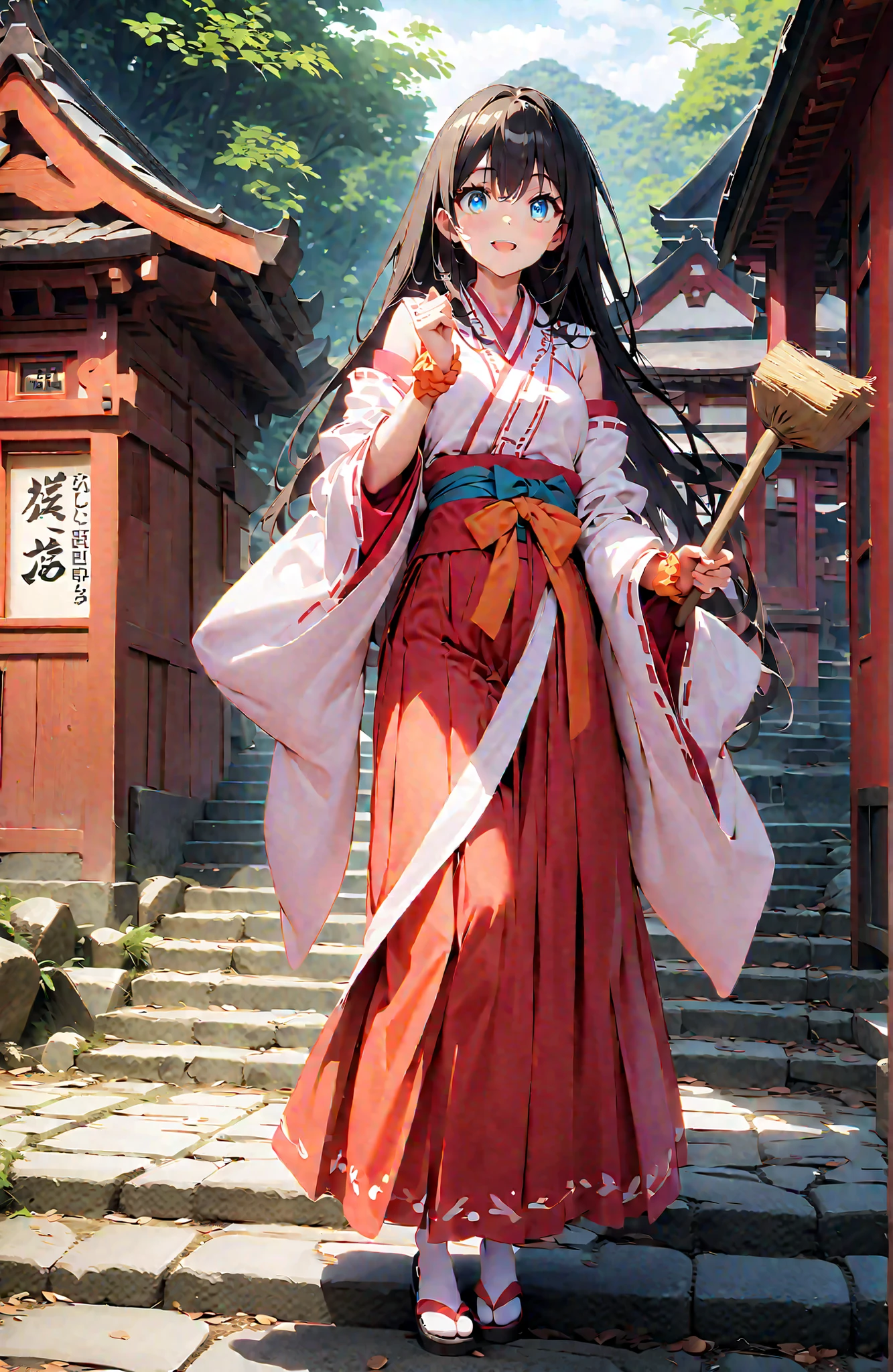 score_9, score_8_up, score_7_up, source_anime, It's because of Rikkata, black hair with a young pattern, blue eyes, long hair, orange scrunch, scrunchie, Wrist Scrunches , smile,cover,Open Your Mouth,Orange wrist scrunch, Shrine maiden, kimono, object, Red Hakama Skirt , Wide Sleeves, long sleeve, ribbon trim sleeve,Sandals, white socks,holding a broom grip with both hands,cleaning, standing on a stone staircase,noon,full bodyがillustrationsに入るように,break outdoors, shrine,
break looking at viewer,full body,
break (masterpiece:1.2), Best Quality, high resolution, Unity 8k 壁紙, (illustrations:0.8), (beautiful detailed eyes:1.6), very detailed face, so that it fits into the illustration, Extremely Detailed CG, (perfect hand, perfect anatomy),