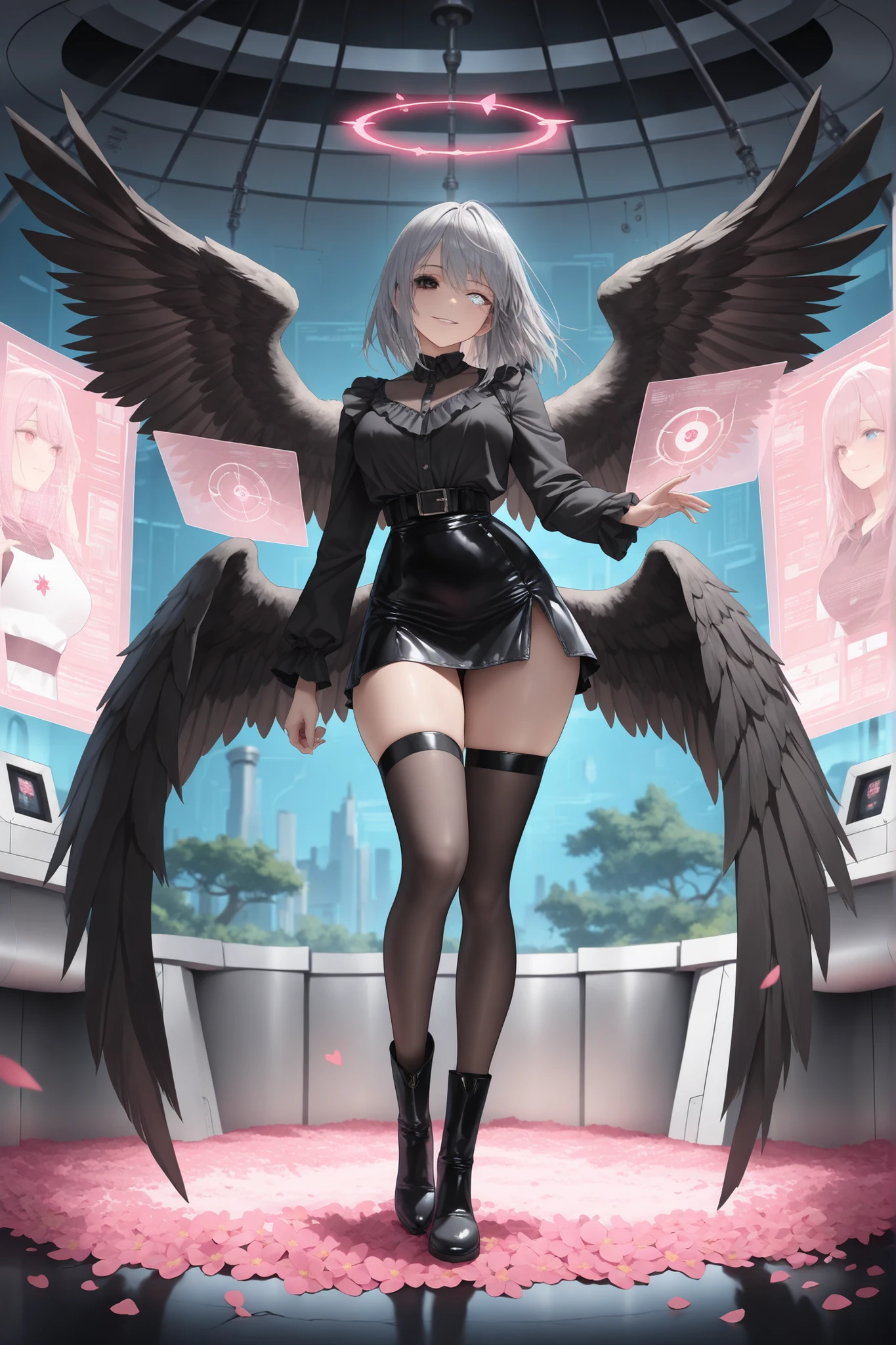 Top quality, masterpieces, fine details, 8k wallpaper, angel with a beautiful gun, (blue eyes), long eyelashes, makeup, pink lips, five fingers, garter belt, (lower chest exposed, thighs exposed: 1.2), cyberpunk, black wings, with a gun in hand, firing shots, opening fire, dynamic, jumping, lots of movement, black wings, jumping, jumping, flying, shots, lots of shots, action movie scene, cinematic, anime, dramatic, lots of action, shooting