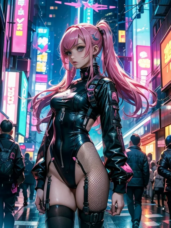 masterpiece, best quality, Confident cyberpunk girl, full-body shot, Harajuku-style fashionable clothing, Bold colors and patterns, eye-catching accessories, Stylish and innovative hairstyle, Vibrant makeup, Cyberpunk’s dizzying cityscapes, skyscraper, neon lights, LED lights, Bright and vivid color scheme, anime big breasts, illustration, Detailed skin texture, Detailed fabric texture, Beautiful and delicate face, intricate details, Super detailed.