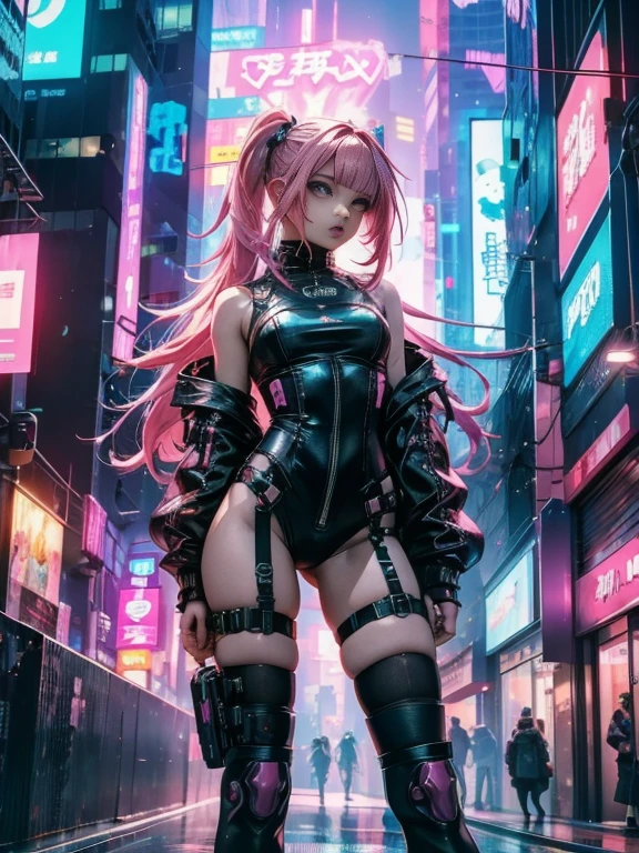 pretty girl, cyberpunk style, hood, neon lights, pink high-tech net clothing , parted lip , pink eyes