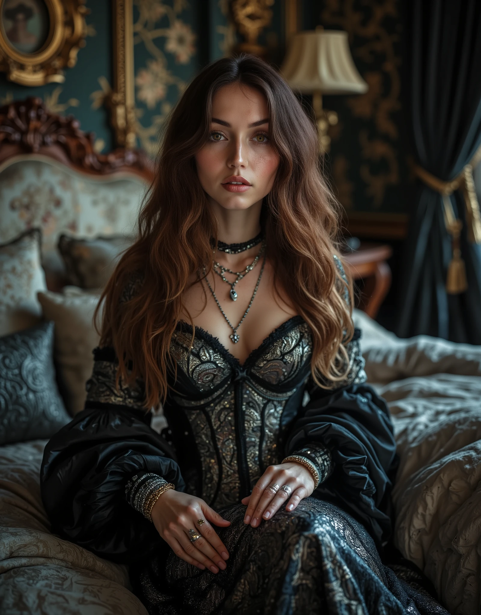 (Canon), (EOS R5), (85mm), ( No Lens Flare  :1.5), (超high resolution), (masterpiece), (Anatomically accurate human structure), (realisticな質感の肌), Super Detail, High detail, winning work, Best Quality, 32K, depth of field,  digital camera, Professional Lighting, ((Best Quality:1.5)), ((masterpiece:1.5)), ((realistic)), high resolution, (Deep cinematic depiction), ((dark fantasy atmosphere)), (Dark depiction ), (Has a gorgeous, long antique magic wand), ((full body shot with mahiru :1.5)), ((Upper body shot:1.2)), ((Semi-nude)), ((36-year-old Beautiful and Cute Cuban Actress with Top )), ((Ana de Armas)),  brown black hair with waves ,  very sexy, Attractive,  and seductive pose , Height: 168cm, Weight: 55kg, Muscular Slender Body, smaller bust, C cup, ((long hair with fluffy waves of chestnut hair:1.5)), (( beautiful castano-colored hair )), ((とてもほほ笑ましくAttractive笑顔で少し歯が見える :1.5)), ( well-shaped round butt  ), (Pretty and Beautiful Magician)), ((The most beautiful and captivating female magician in the world)), (Slender slim style), ((Seats on a Luxurious, Antique Bed)), (standing beside the bed),  smooth, (Straight castano-colored hair), (long, castano-colored hair), long bangs, (small, beautifully shaped bust), (C cup), (Tight, slender waist), (Extremely detailed and realistic skin :1.5), ((Extremely Detailed Realistic Hazel Eyes:1.5)), (Hazel Eyes), ((Extremely Sexy Beautiful Hazel Eyes :1.5)), (( catchlight in the eyes )), (( extremely detailed attractive and moisturized lips :1.5)), (( beautifully shaped big bust :1.5)), ((extremely detailed, attractive, and moisturized lips:1.5)), (( white teeth beautifully arranged )), ((antique and luxurious long coat style witch costume with elaborate silver patterns on black fabric:1.8)), (the front of the witch costume is open so you can see cleavage), (Off-the-shoulder showing shoulders), ((that can be removed and almost completely naked)), (gorgeous thick May wear red lace bras and panties), ((lots of antique magical necklaces:1.8)), ((lots of antique bracelets:1.5)), (large, antique earrings), ((antique pocket watch:1.8)), ((Sitting on a luxurious, antique bed:1.5)), Luxurious Black Stockings with Intricate Patterns, ((Magical Tattoos Cover Your Body:1.5)), (Sexiest Angle ), (Large bedroom in an old luxury hotel), (Very antique bed and chair and furniture), Very Seductive and Sexy Expression, Very Seductive and Sexy Poses, (may show a beautiful and realistic bust), (Beautiful and Cute Top Cuban Actress), (Can See Realistic Female Genitals), (Large castano-colored pubic hair may be visible), (( show your hands as little as possible )),  accurate hand shape,Accurate hand finger shape ,Accurate finger count,5 fingers on one hand , Accurate leg shape,Accurate toe shape,  accurate toe count, Five fingers on one foot, ( color temperature 5500K ), 