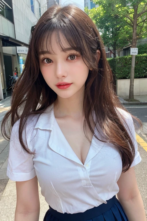 finely detail, hight resolution, hightquality、Perfect dynamic composition, Beautiful detailed eyes, Medium Hair, small tits、Natural Color Lip,Kamimei、Shibuya、20 years girl、1 persons、Transparent skin、Glowing hair、masutepiece, Best Quality, Ultra-detailed, finely detail, hight resolution, 8K、The correct state of the human body、crouching down、Gravure Model Pose,Beautiful sunset,Park Garden,beautiful ilumination,Photographed with hair fluttering in the wind,((White shirt with collar:1.5,Black short skirt:1.5,I can see the cleavage,Spread your legs and show your panties,sit on a bench))