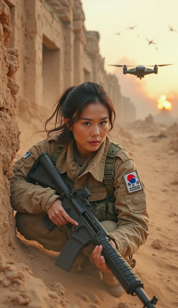 Tense atmosphere,best quality, 8K, Ultra-high resolution, (Reality: 1.4), original photo, Dramatic,1 Girl, ((desert camouflage uniform)), Cleavage,Long legs,Blood stains,Blood,Movie Lighting, Standing outside the white tent,Red cross sign on tent,The wounded tall soldier stands next to the girl,bandage,Treating wounded soldiers,Crowd behind the girl