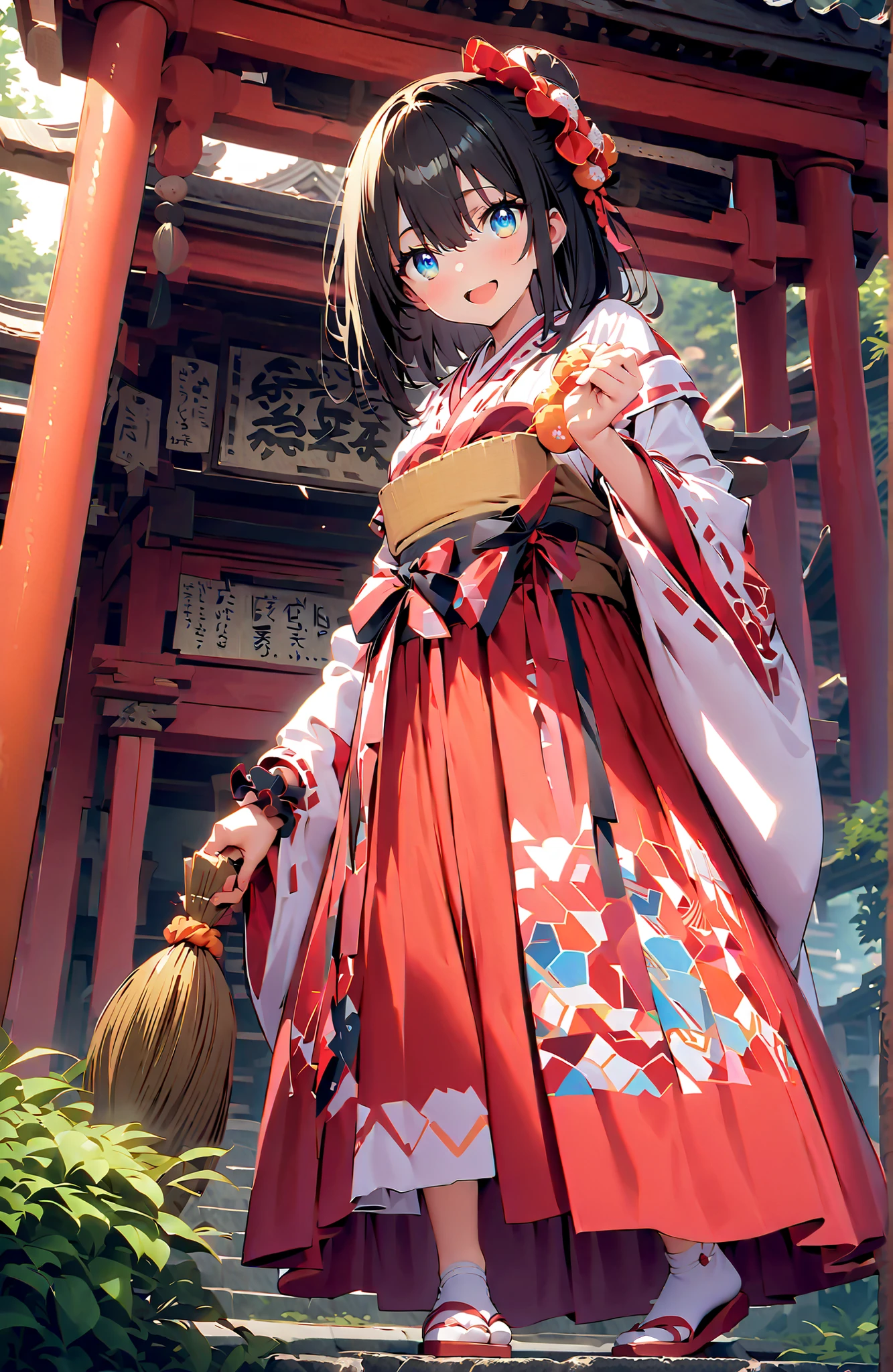 score_9, score_8_up, score_7_up, source_anime, It's because of Rikkata, black hair with a young pattern, blue eyes, MEDIUM HAIR, orange scrunch, scrunchie, Wrist Scrunches , smile,cover,Open Your Mouth,Orange wrist scrunch, Shrine maiden, kimono, object, Red Hakama Skirt , Wide Sleeves, long sleeve, ribbon trim sleeve,Sandals, white socks,holding a broom grip with both hands,cleaning, standing on a stone staircase,noon,full bodyがillustrationsに入るように,break outdoors, shrine,
break looking at viewer,full body,
break (masterpiece:1.2), Best Quality, high resolution, Unity 8k 壁紙, (illustrations:0.8), (beautiful detailed eyes:1.6), very detailed face, so that it fits into the illustration, Extremely Detailed CG, (perfect hand, perfect anatomy),
