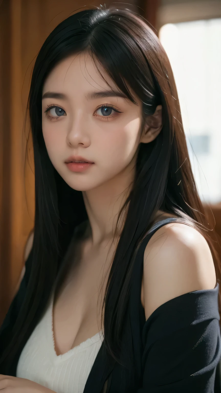 ((Best Quality, 8K, Masterpiece: 1.3)),((Hasselblad photo)), finely detailed skin, clear focus, (cinematic lighting), soft lighting , Beautiful Woman , (Random Hairstyle: 1.2), Ultra-detailed face, Detailed eyes, Double eyelids , Glossy skin, Bangs, big boob , Exposed cleavage, blue Eyes, ((Dark background)), looking at viewer, off shoulder, black sweater, sharp face, open mouse, long bang, mole, mole under eye