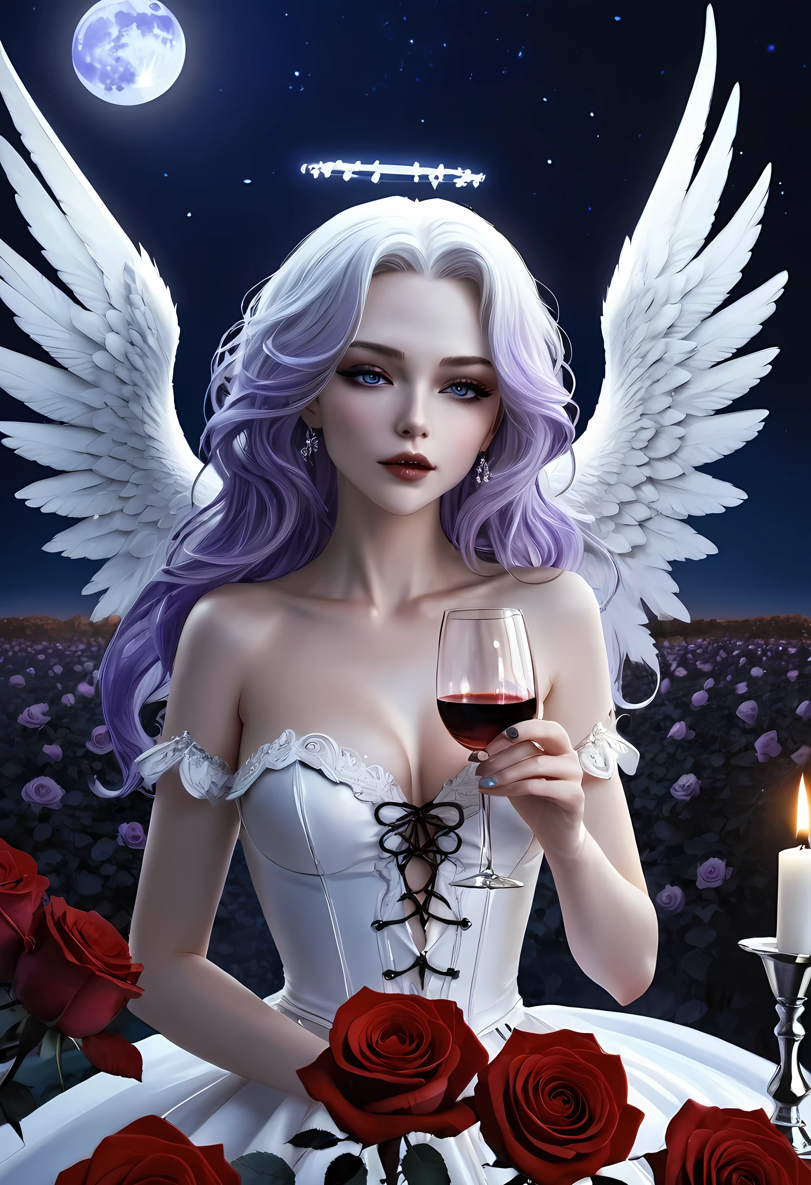 Dark fantasy art, fantasy art, goth art, a picture of a woman angel, drinking wine, pale white skin, white hair, Ultra detailed face, Best Detailed face, spread wings, long hair, wavy hair, purple hair, radiant eyes, blue eyes, she wears a white leather dress, delicate dress, small cleavage, there are roses imprinted on the dress, red roses, high heels, candles light, divine glamour shot, under the night sky, full moon, Cinematic Shot, fantasy, LOAsuccXL, strapless, anime
