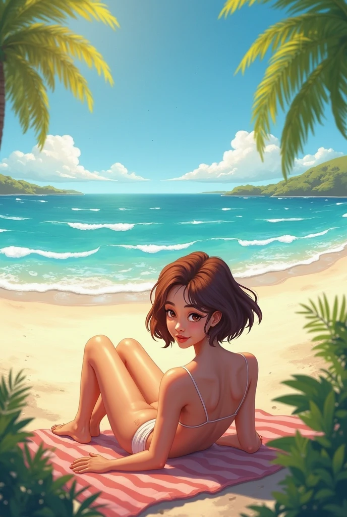 Girl in black bikini lying on stomach on beach