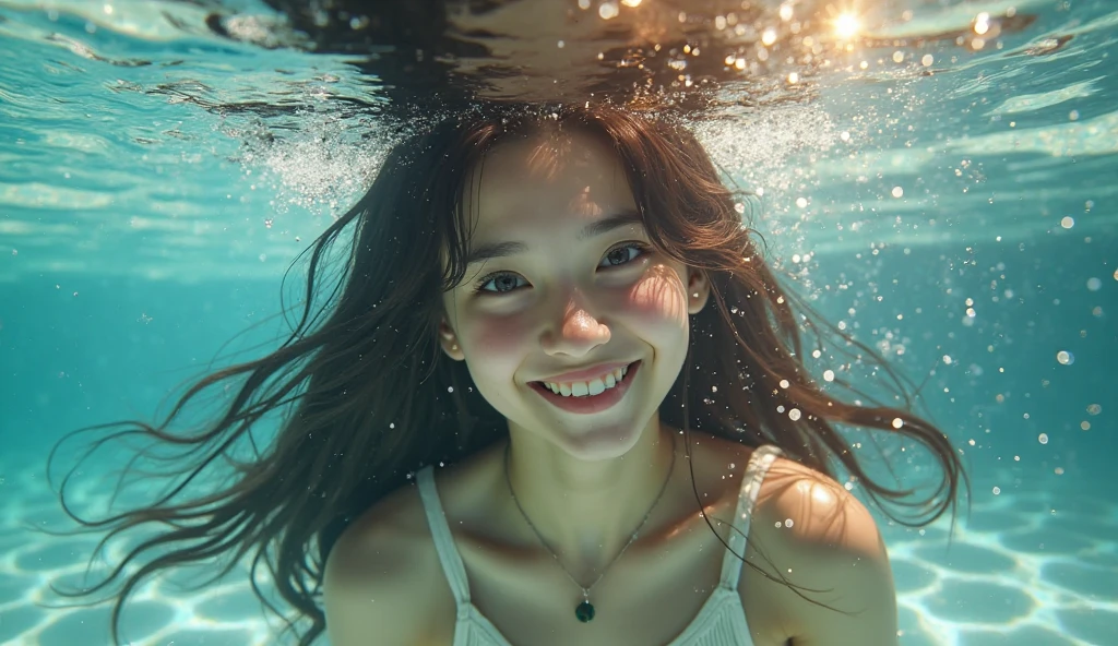 Happy and smiling 18 year old girl in a white bikini under&#39;water in a swimming pool, She extends her hand and shows her index finger calling the camera, ela solta bolhas de ar pela boca, many bubbles in the water, bolhas, bolhas de ar, bolhas de ar saem da boca dela