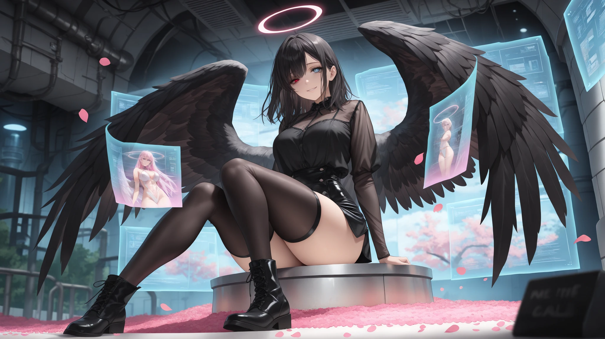 masterpiece, best quality, highres, (realistic), 1girl, al1, demon horns, slit pupils, black wings, feathered wings, low wings, medium breasts, <lora:albedo_(overlord)_v10:0.7>, naked, completely naked, nude, cyborg, pink robot body, crossed legs, blush, looking at viewer, ciberpunk city, (neon lights), sexy, unreal engine, octane render, <lora:add_detail:0.5>