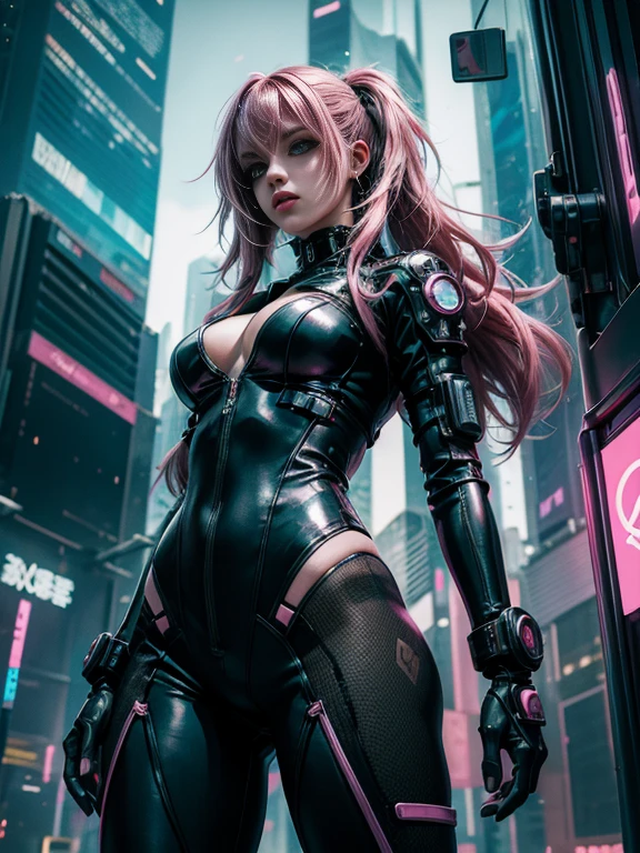 thin woman, the plan, small breasts, long hair gives way, PINK COLOR, white glitter, with round lenses, sexy, Pink and white like clouds (masterpiece, Best Quality:1.3), extremely high detail, Intricate, 8k, HdR, Wallpaper, cinematic lighting, (Universe:1.4),pistol, (shooting), bright, bright eyes, mecha, wake on the back, futurist, fancy