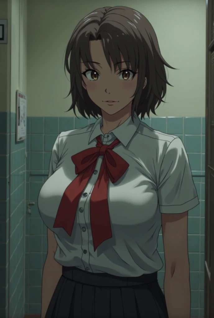 (anime cels style, best quality, high resolution, megami magazine, anime poster style, sharp, photorealistic), (beautiful eyes:1.2), kondou_taeko, Girls und Panzer, 1girl, solo, smile, gray eyes, brown medium hair, hair intakes, red headband, (sagging huge breast:1.2), (wet, Volleyball uniform, sleeveless), (upper body, standing), (perfect detailed anatomy, beautiful face, perfect body, perfect arms, shiny skin), sunshine, bluesky, kimutaka