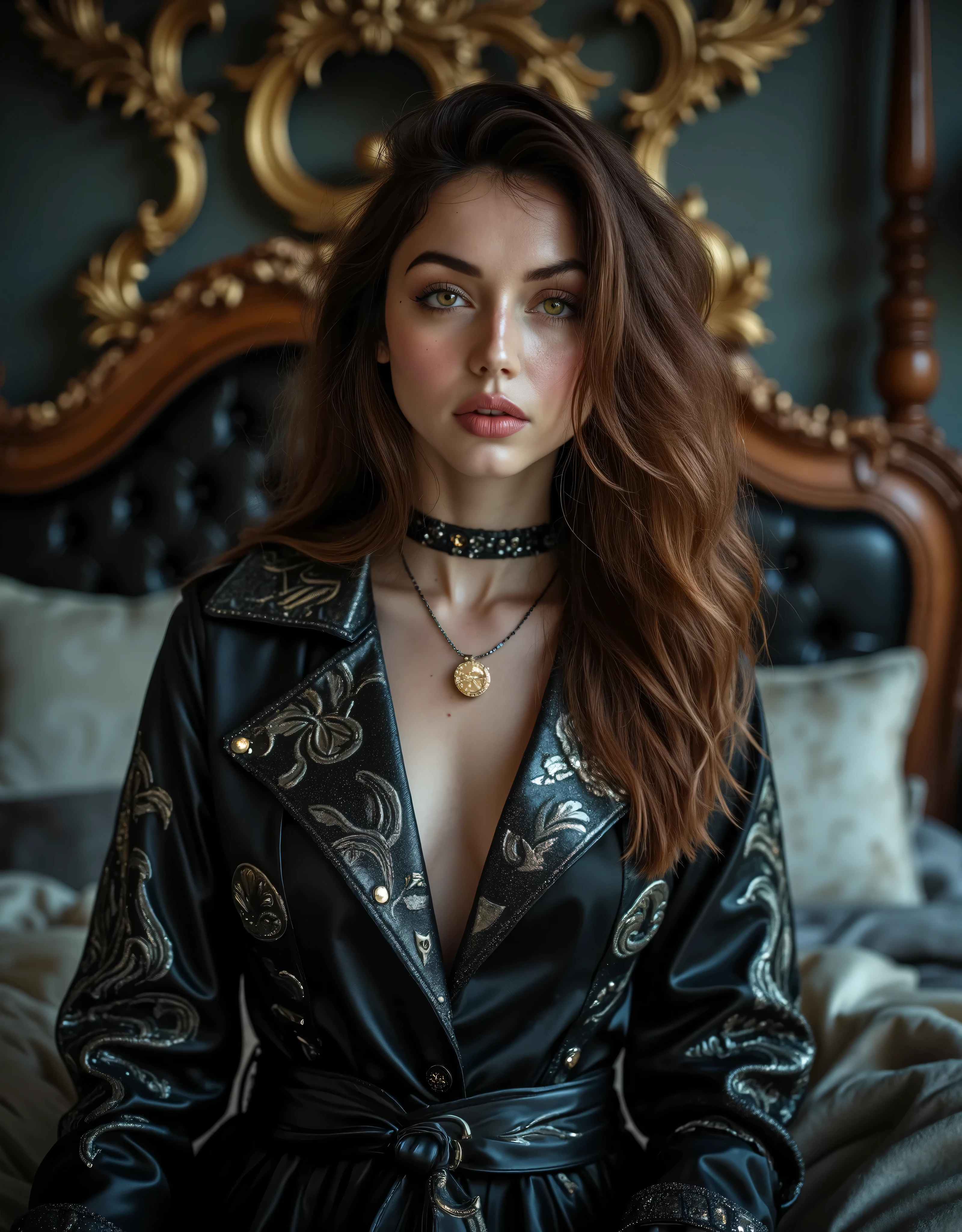 (Canon), (EOS R5), (85mm), ( No Lens Flare :1.5), (超high resolution), (masterpiece), (Anatomically accurate human structure), (realisticな質感の肌), Super Detail, High detail, winning work, Best Quality, 32K, depth of field, digital camera, Professional Lighting, ((Best Quality:1.5)), ((masterpiece:1.5)), ((realistic)), high resolution, (Deep cinematic depiction), ((dark fantasy atmosphere)), (Dark depiction ), (Has a gorgeous, long antique magic wand), ((full body shot with mahiru :1.5)), ((Upper body shot:1.2)), ((Semi-nude)), ((36-year-old Beautiful and Cute Cuban Actress with Top )), ((Ana de Armas)), brown black hair with waves , very sexy, Attractive, and seductive pose , Height: 168cm, Weight: 55kg, Muscular Slender Body, smaller bust, C cup, ((long hair with fluffy waves of chestnut hair:1.5)), (( beautiful castano-colored hair )), ((とてもほほ笑ましくAttractive笑顔で少し歯が見える :1.5)), ( well-shaped round butt ), (Pretty and Beautiful Magician)), ((The most beautiful and captivating female magician in the world)), (Slender slim style), ((Seats on a Luxurious, Antique Bed)), (standing beside the bed), smooth, (Straight castano-colored hair), (long, castano-colored hair), long bangs, (small, beautifully shaped bust), (C cup), (Tight, slender waist), (Extremely detailed and realistic skin :1.5), ((Extremely Detailed Realistic Hazel Eyes:1.5)), (Hazel Eyes), ((Extremely Sexy Beautiful Hazel Eyes :1.5)), (( catchlight in the eyes )), (( extremely detailed attractive and moisturized lips :1.5)), (( beautifully shaped big bust :1.5)), ((extremely detailed, attractive, and moisturized lips:1.5)), (( white teeth beautifully arranged )), ((antique and luxurious long coat style witch costume with elaborate silver patterns on black fabric:1.8)), (the front of the witch costume is open so you can see cleavage), (Off-the-shoulder showing shoulders), ((that can be removed and almost completely naked)), (gorgeous thick May wear red lace bras and panties), ((lots of antique magical necklaces:1.8)), ((lots of antique bracelets:1.5)), (large, antique earrings), ((antique pocket watch:1.8)), ((Sitting on a luxurious, antique bed:1.5)), Luxurious Black Stockings with Intricate Patterns, ((Magical Tattoos Cover Your Body:1.5)), (Sexiest Angle ), (Large bedroom in an old luxury hotel), (Very antique bed and chair and furniture), Very Seductive and Sexy Expression, Very Seductive and Sexy Poses, (may show a beautiful and realistic bust), (Beautiful and Cute Top Cuban Actress), (Can See Realistic Female Genitals), (Large castano-colored pubic hair may be visible), (( show your hands as little as possible )), accurate hand shape,Accurate hand finger shape ,Accurate finger count,5 fingers on one hand , Accurate leg shape,Accurate toe shape, accurate toe count, Five fingers on one foot, ( color temperature 5500K ),