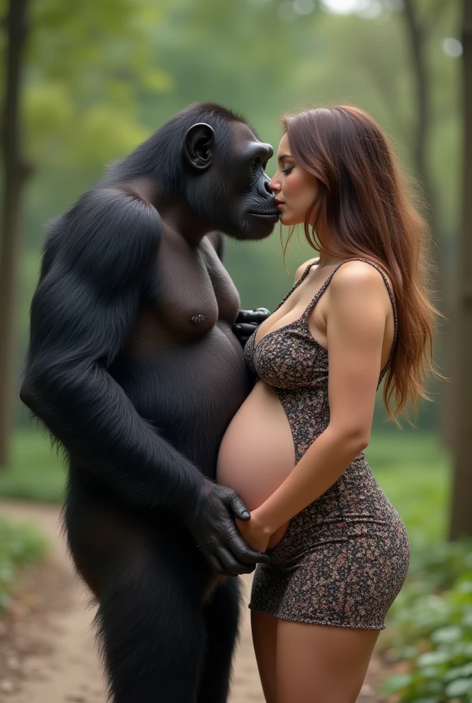 giant gorilla monster carries pregnant topless beautiful bikini young teen girl in his arms embrace sitting on his lap cuddling kissing nsfw