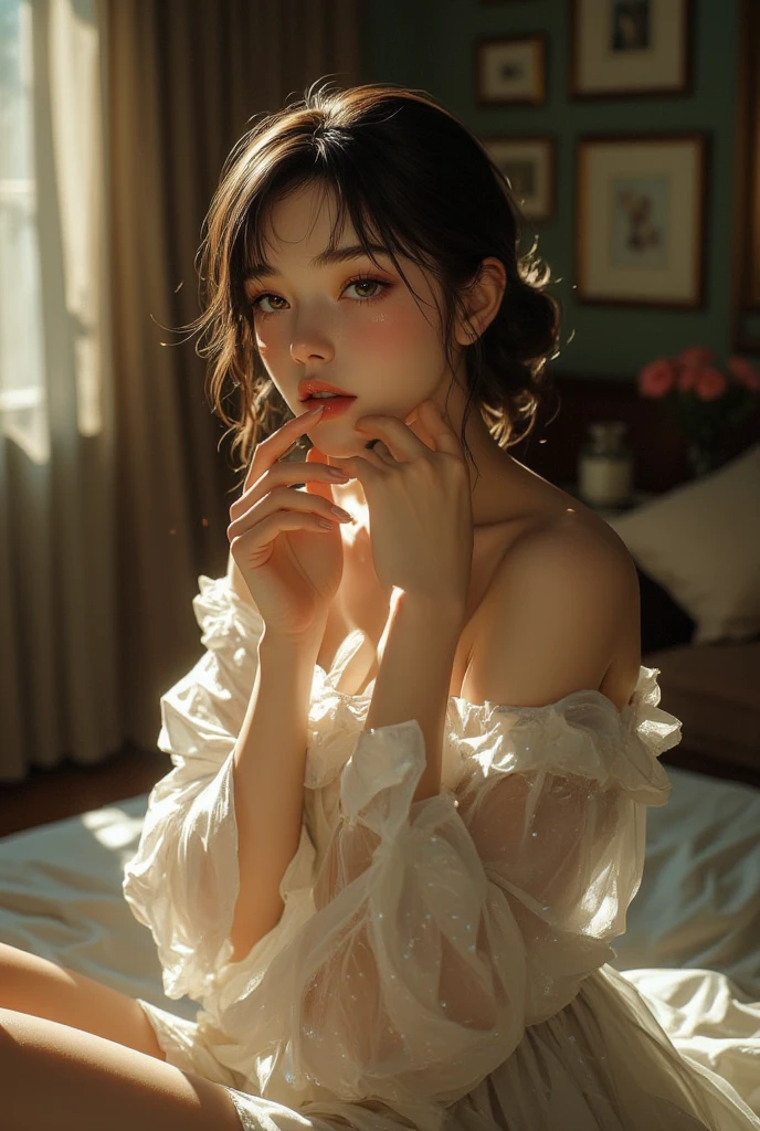 (Best quality, Japanese woman, 4, short black hair, (sitting on bed), luxury hotel room, (evening light:1.2), elegant atmosphere)