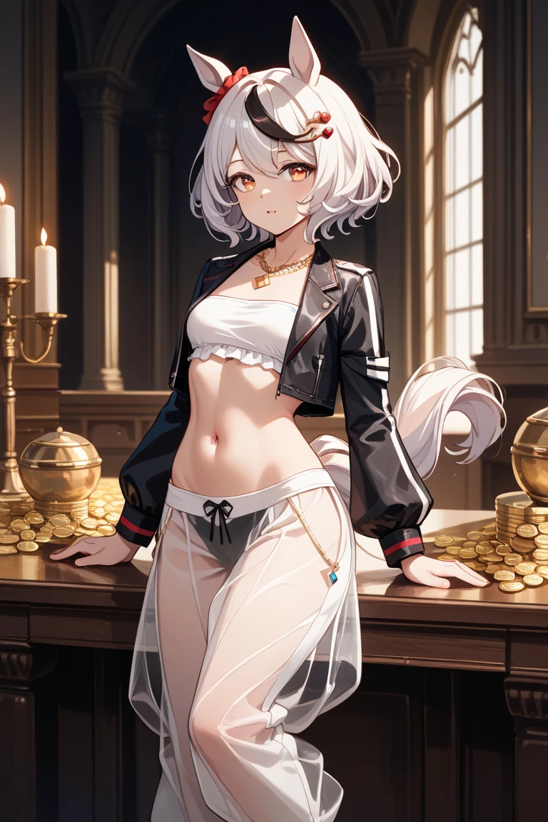 (masterpiece, best quality:1.2), cowboy shot, solo, 1girl, white hair, short wavy hair, purple eyes, average breasts, slender body, light smile, looking at viewer, hands in pockets, formal, suit, (braless), cleavage, black pants, choker, cityscape scenery, street, night light, night time, cigsmoker