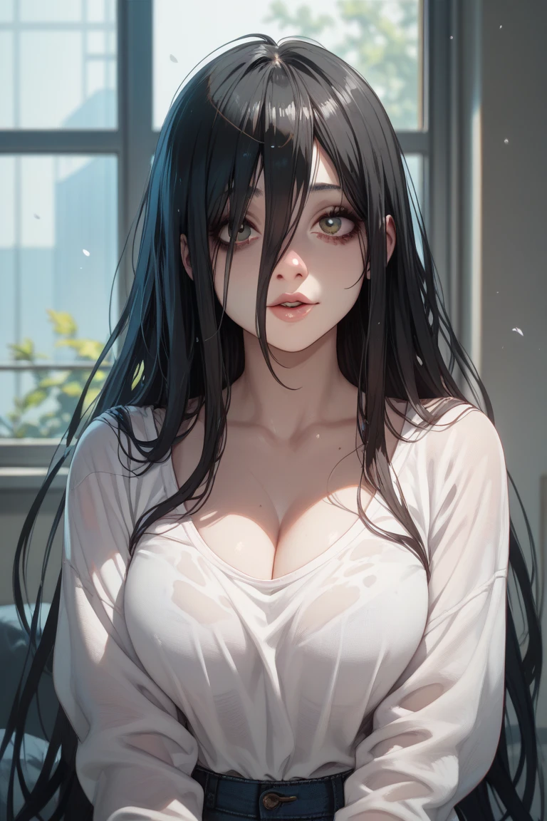 My clothes are in disarray、A girl with long black hair and a uniform showing her nipples