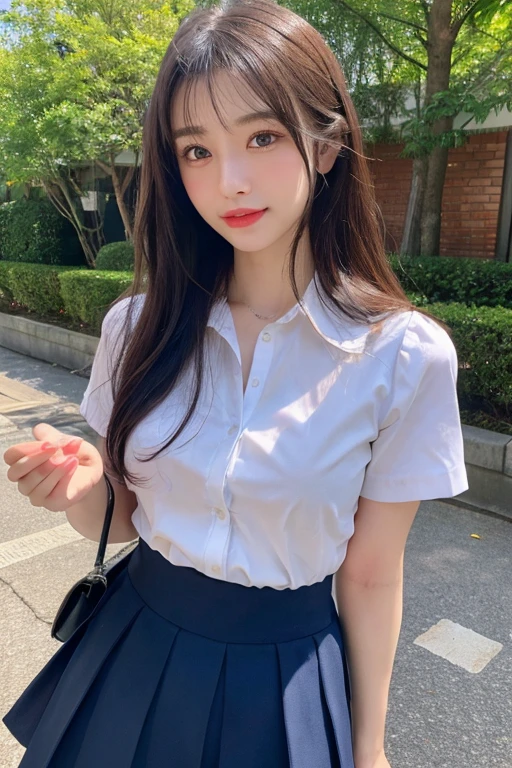 (masterpiece:1.3), (8k, Realistic, RAW Photos, Best image quality: 1.4), (Random Hairstyles:1.2)、(Highly detailed face)、Attention to detail、double eyelid、(Dark Eyes),(Sharp focus:1.2)、((whole body:1.5)),One Woman、Beautiful woman:1. 4,20-year-old woman、smile,Woman with a perfect body,Beautiful Abs,Chest-length hair、Highest quality、masterpiece、Ultra-high resolution、(Realistic:1.4)、super high quality、Symmetrical face、The face is very realistic、Photo level、8k最高画質はフル、Sebaceous reflex、The face is very realistic、Extremely realistic skin、Realistic light and shadow effects、(Pure and elegant girl),Professional Lighting、((Swayback stance)),(((Beautiful thighs))),(Sexy pose,Seductive pose),Recurve your hips back,Bend your waist,((dance,dance,Dancing)),((School classroom)),((Underarm)),(((School Uniform:1.3,Skirt too short,White Shirt))),Undo your tie,((Accentuate your butt)),((You can see a little bit of panties)),A photo from slightly below