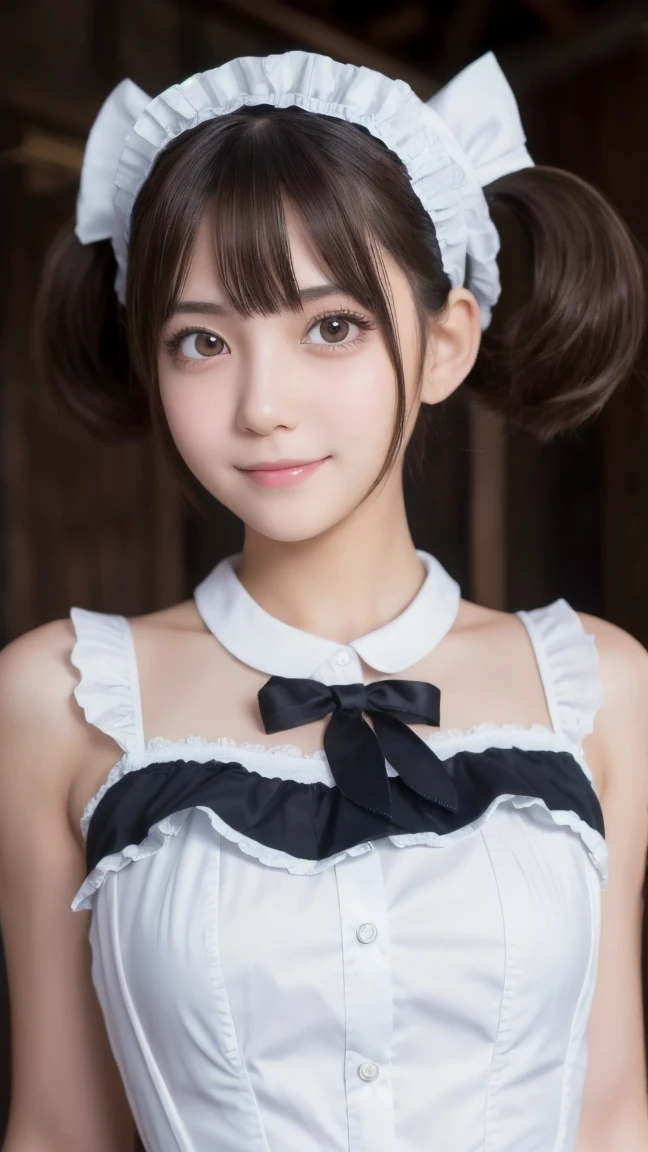 ((whole body))　Cute face like a 15-year-old idol　Smiling Kindly　Gothic Lolita in Japan　Cosplay　Frills　Cleavage　Her hairstyle is twin tails.　Hotel Living Room　stand　morning　RAW Photos　High resolution　Genuine　Live Action　Accurate depiction　Realistic