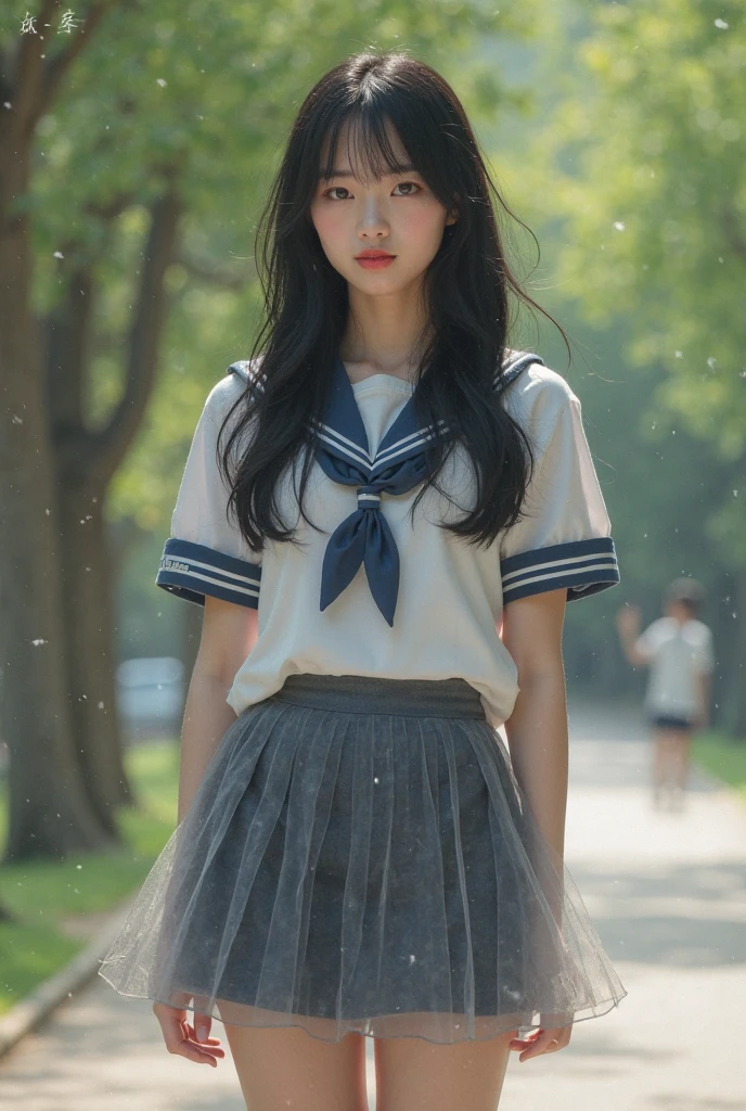 (of the highest quality, 4K, masutepiece:1.3), Pretty Woman, 1 woman, (breasts, Attractive body:1.2), Abs:1.1, (rainy wet, Wet in the rain, Wet torso: 1.2), Very fine face, Delicate lips, Delicate eyes, Double eyelids, Sparkling eyes, sparkling lips,hi-school girl、Wet white  blouse、Dark blue pleated skirt、Sheer underwear、student clothes、Dark blue high socks、lowfers,Kiss Face,sad Facial expression,embarassed expression,Alafed Girl, chiho, iwakura lain, closeup Iwakura Lain, With short hair, Shiori Teshirogi, Kotegawa Yui, hime-cut, She is 17 years old, sui ishida with black hair, lain iwakura, girl cute-fine-face, Clear pubic contours,(Small breasts), hight resolution, ighly detailed, top-quality, [​masterpiece:1.6],, ighly detailed, nffsw, finely detail, top-quality, , Cinematographic lighting, 1girl in、17 age、Cute Japan Girls、perfect body type、, Cute droopy eyes、Beautiful big eyes、ultra-detailliert、hight resolution、Transcendent beauty　top-quality、​masterpiece、majicMIX Real、(Raw photography:1.2)、(Photorealsitic:1.4)、
