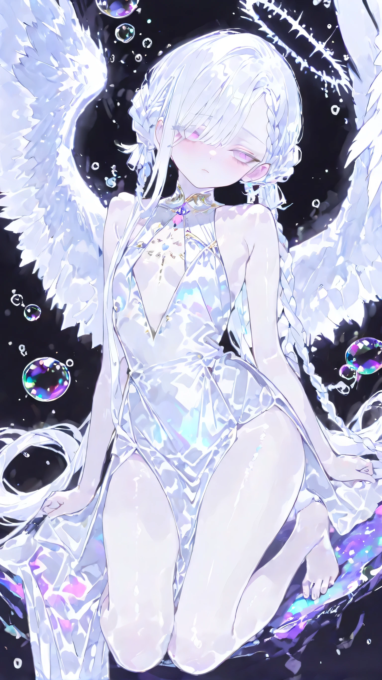 ( masterpiece, best quality:1.3), amazing quality, is very beautiful, abstruse, high resolution, newest, HDR, 8,000, movie lighting, realistic, close up, 1 Girl, Pinkish white halo, angel wings, feather, Gojo Satoru, Curse Return, white eyelash , Light pink eyes, White hair, Very Detailed Face, Braided Bangs, Braided Bun, double layer bread, (White hair), , White hair, Very long low double ponytail,twist braid,Hair on the right eye , expressionless eyes, big , (Petite but curvy), Very cute, beautiful, shy, (pale:0.91), Alternate clothing, Jewelry, white goddess dress, barefoot, alone, Slightly Flattened Lips, (((Bubbles))), glowing Bubbles, Chromatic Aberration, Very cute, Vivid Colors, pastel color palette , black background