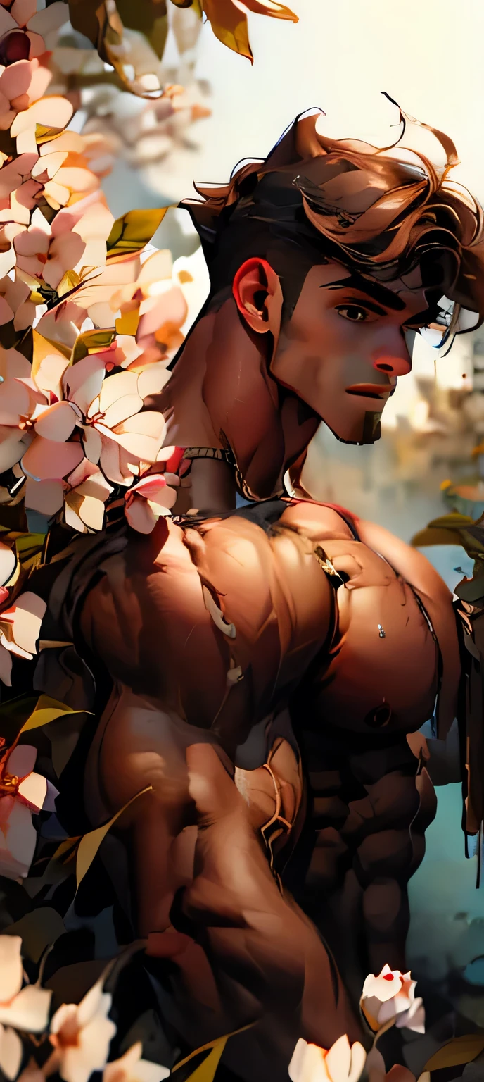 (tmasterpiece,Best quality at best,absurd res),1人,Naked boys,little mouth,is shy,Be red in the face,Shy,Shy,There is white stickiness on the body,Semen,musculous,Detailed eyes,nakeness,(nakeness),eBlue eyes,Bare topless,Upper body body,(fluorescent light),(a color),((abstract backgrounds)),cherry blooming, kiss