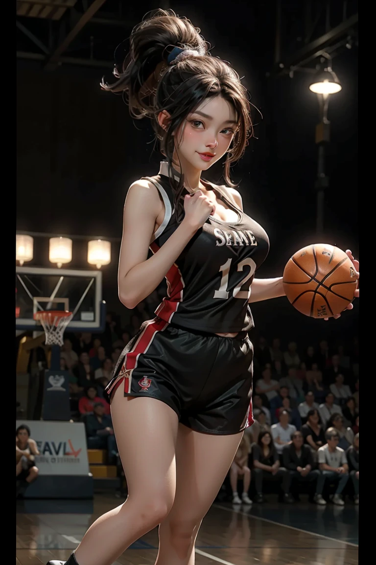 (Masterpiece: 1.2, Best quality), Realistic, (Real picture, rich detail details, depth of fields), (1girll, Solo), Makeup, harelip, High detail, Perfect face shape, (Big breasts: 1.4), (skin indentation ), thick thight, Wide hips, Big breasts Thin waist, Tall guy, coral, Redlip, red - eyed, horse tailed,((((Girl playing basketball, Transparent black basketball suit)))), (sweat leggs: 1.2), (dampness), Raised sexy, Be red in the face,Sweaty,((Good hands))