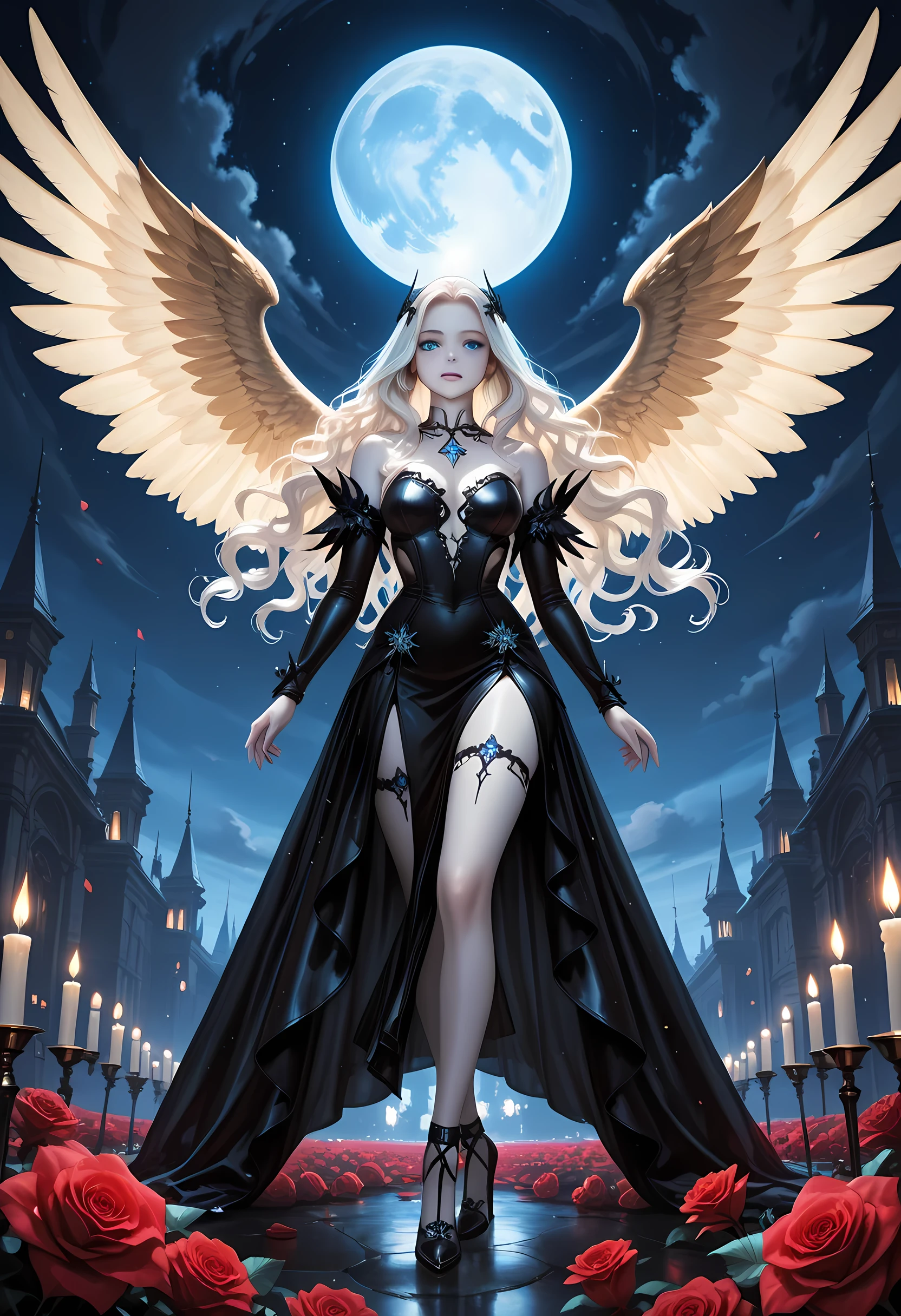 Dark fantasy art, fantasy art, goth art, a picture of a woman angel,  drinking wine, pale white skin, white hair, Ultra detailed face, Best Detailed face, spread wings, long hair, wavy hair, blond hair,  radiant eyes, blue eyes, she wears a black leather dress, delicate dress, there are roses imprinted on the dress, red roses, high heels, candles light,   divine glamour shot, under the night sky, full moon,  Cinematic Shot, fantasy, LOAsuccXL, strapless, anime
