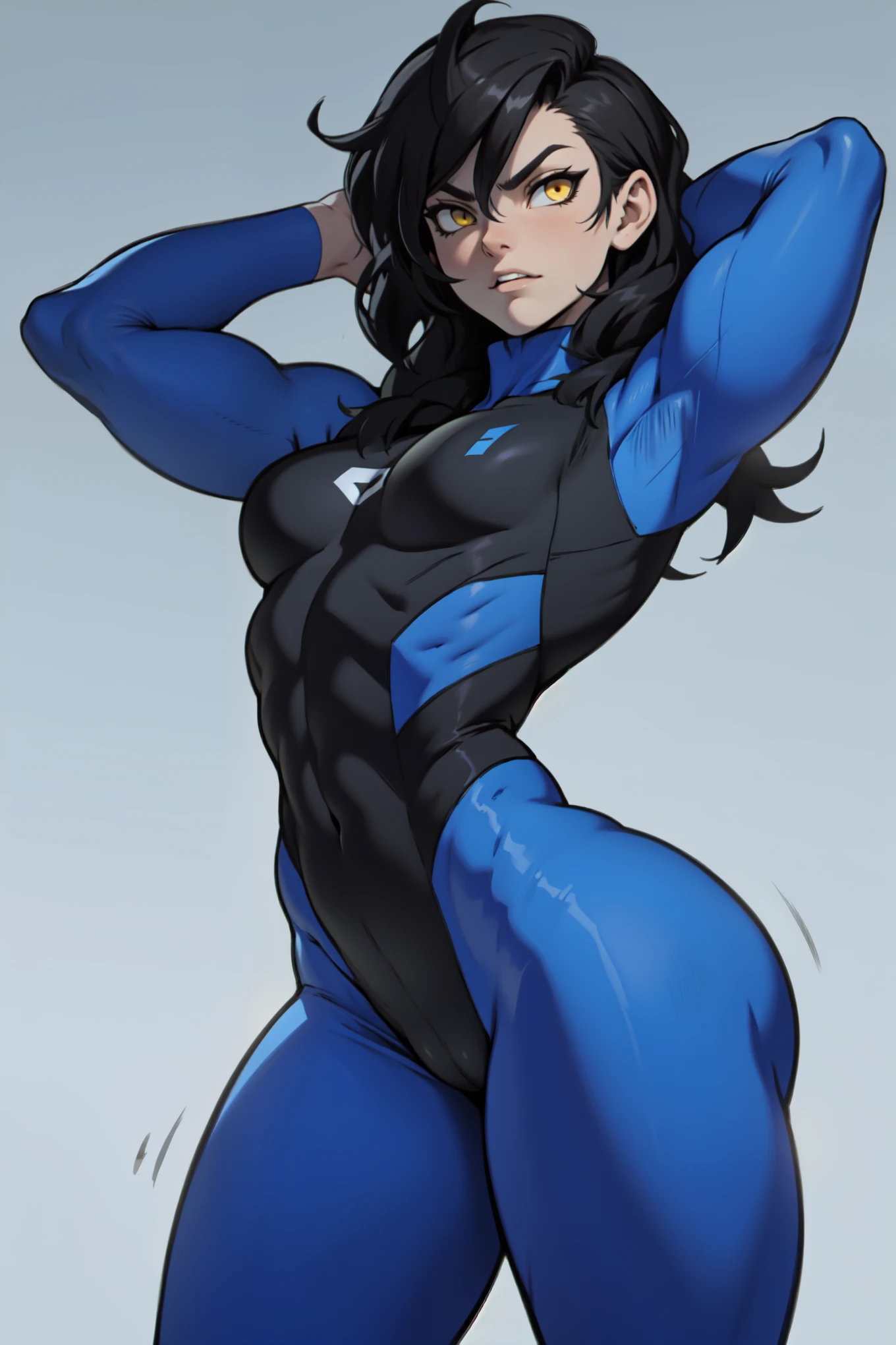 grey background skintight suit 1girl black hair yellow eyes very long hair pale skin angry (bodybuilder huge breasts muscular toned body curvy wide hips thick thighs)