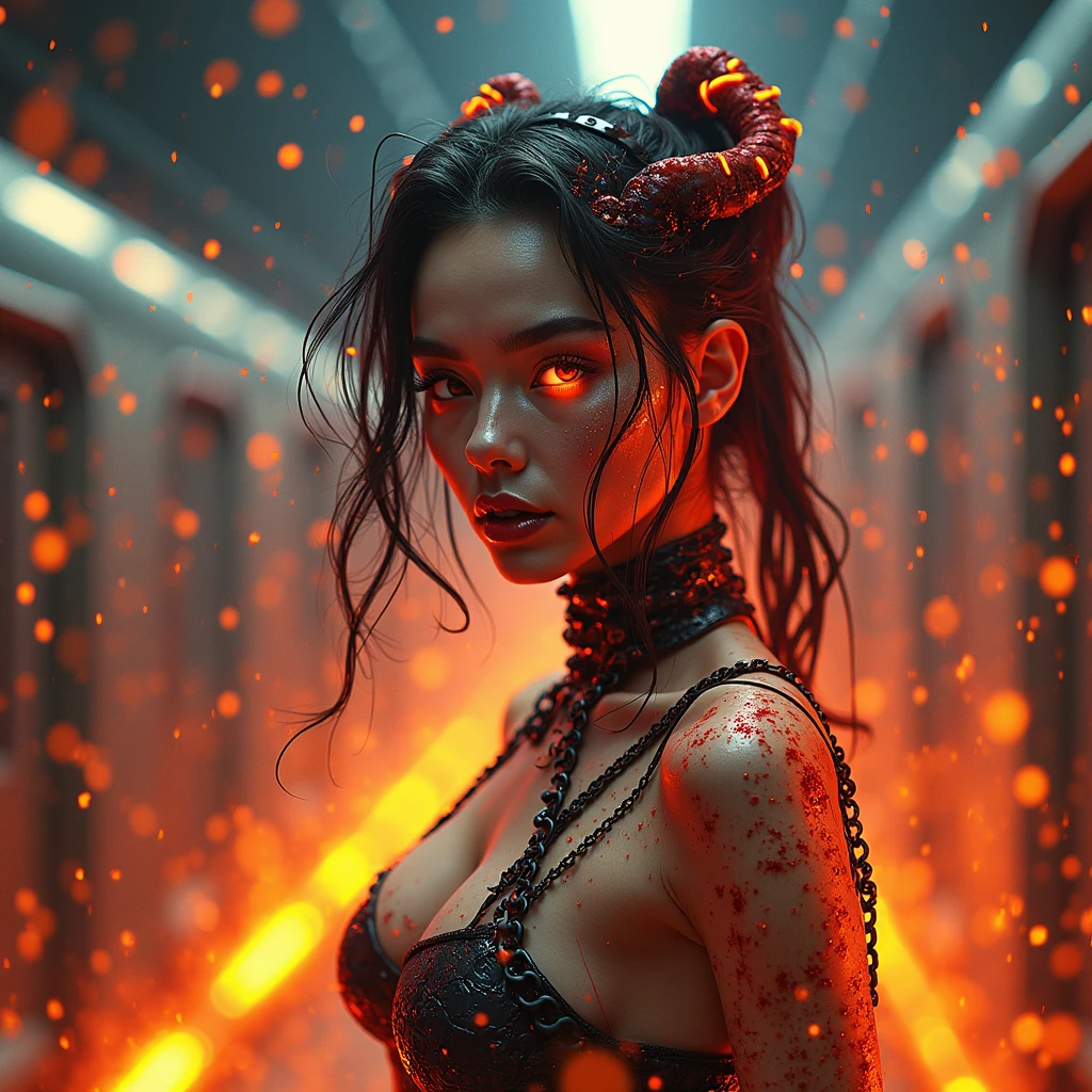 Epochal scene: , a terminator girl with the features of a succubus, , her skin shimmers with metal and neon, , mimicking hot lava. Against the background of a rushing train, splashes of acid and energy explode in a dynamic dance of light and shadow. Surrealism, cyberpunk, fiery shades, hyperdetail