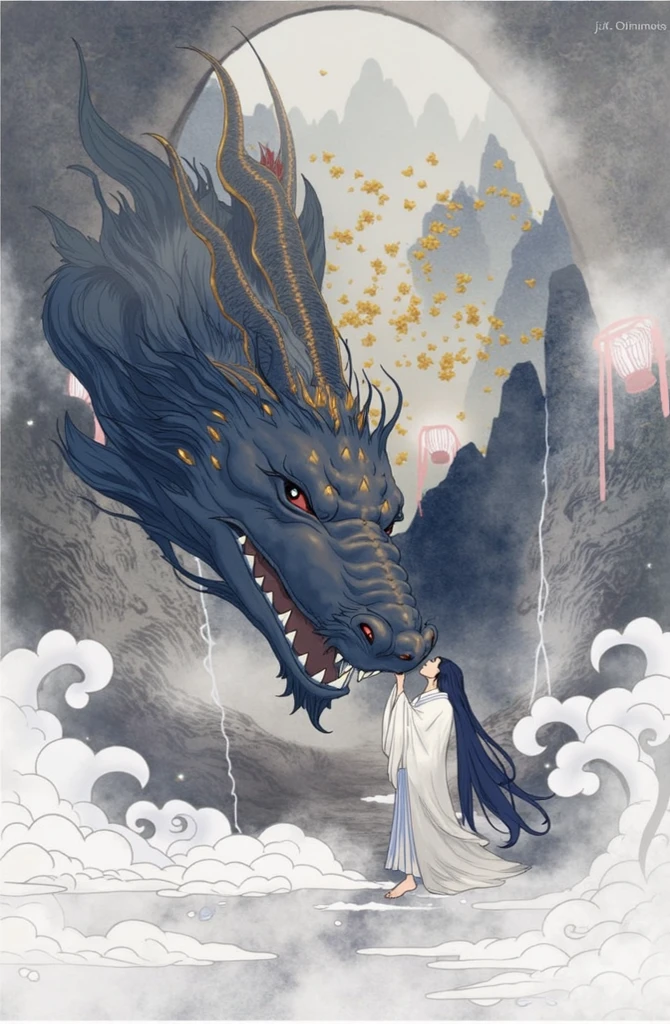 **a woman is holding a knife and an asian dragon as it rains, in the style of black paintings, anime art, gongbi, exaggerated nobility, dark gray,ink and wash, detailed facial features, made of mist,masterpiece,Thick clouds and mist swirled around