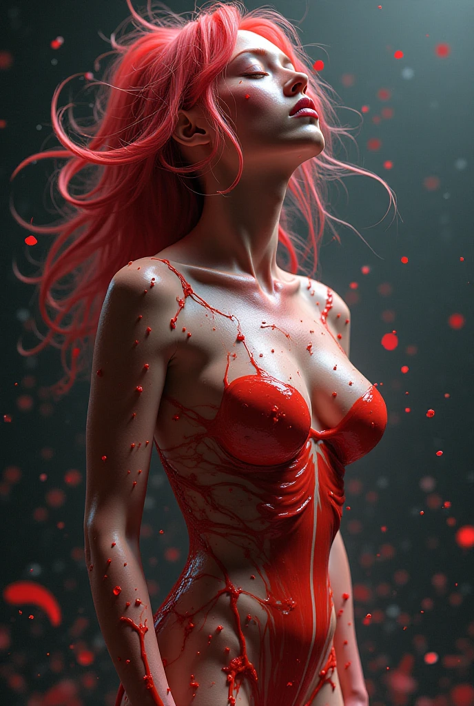 In a shocking contrast of elegance and turmoil, a Renaissance-style fragmented sculpture of an abstract form is depicted in porcelain slowly dissolving into red dark jelly. This captivating image portrays contorted in pain as the materials shift and blend. The high-quality photograph showcases the intricate details of the sculpture, from the delicate curves of her face to the flowing lines of her gown. The vibrant colors and striking imagery evoke a sense of deep emotion and artistic skill, drawing viewers into the gripping narrative of suffering and transformation.