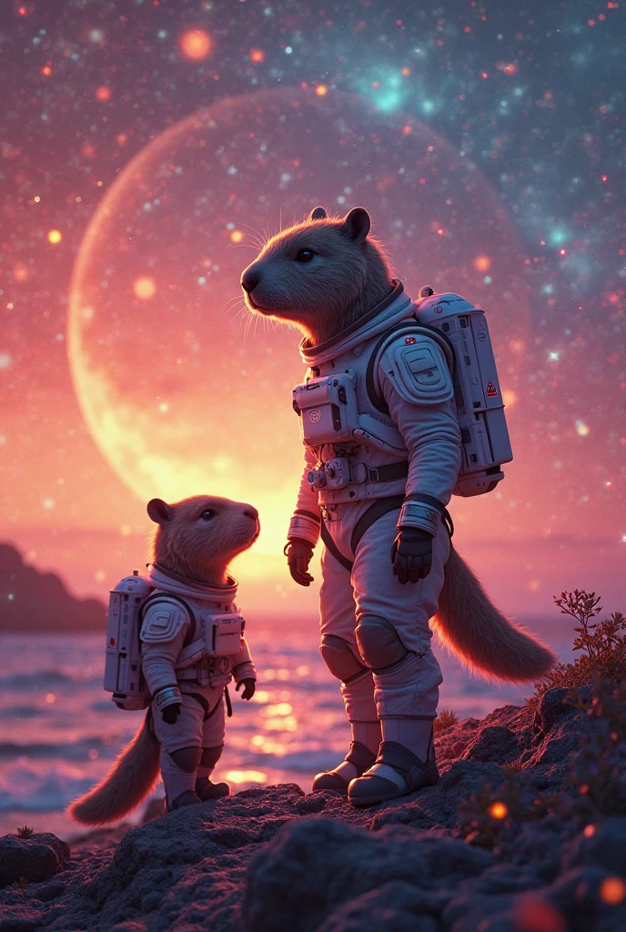 high quality, 8K Ultra HD, A beautiful double exposu1. "Capybara Space Explorers"
Story Idea: Capybaras are recruited as elite astronauts in a distant future where they explore alien planets and interact with extraterrestrial species.
Wild Visuals: Capybaras in high-tech space suits, floating among colorful nebulae, riding on alien animals, and discovering strange, glowing alien plants. The capybaras would move in zero gravity, lazily drifting while operating advanced space technology.
Narrative Twist: The capybaras are sent to a distant galaxy and discover a peaceful planet inhabited by hyper-intelligent, giant capybara-like creatures who teach them the secrets of the universe.re that combines an goddess silhouette with sunset coast, sunset coast should serve as the underlying backdrop, with its details incorporated into the goddess , crisp lines, The background is monochrome, sharp focus, double exposure, by yukisakura, awesome full color,