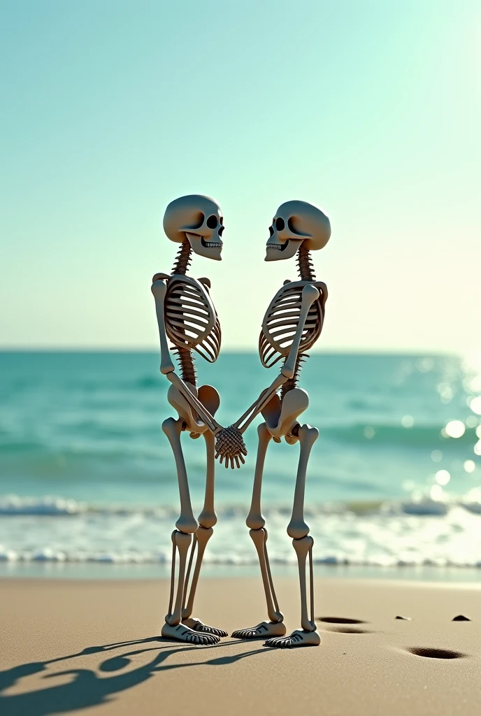 Image of a love-eyed skeleton couple together on a beach with birds and red flowers hand in hand emo rap style