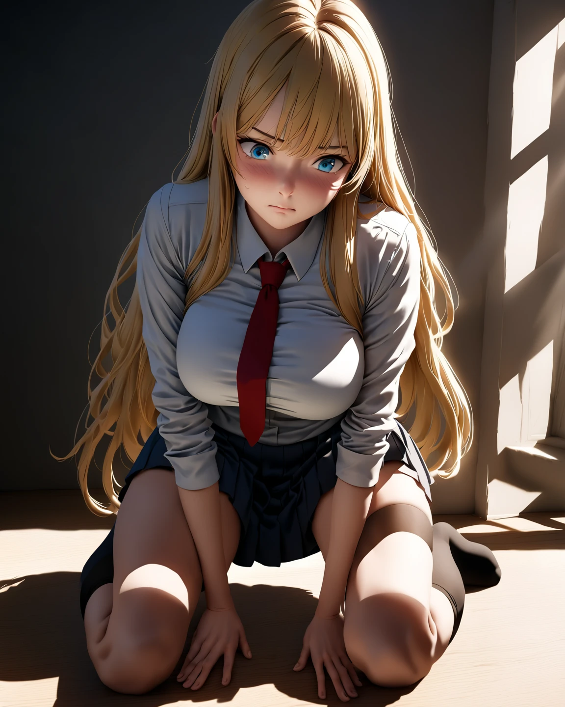 best quality, masterpiece, girl, golden hair, super long hair, blue eyes, sweater, skirt, Mary Jane shoes, half squat, wooden floor, dawn, sun glow,