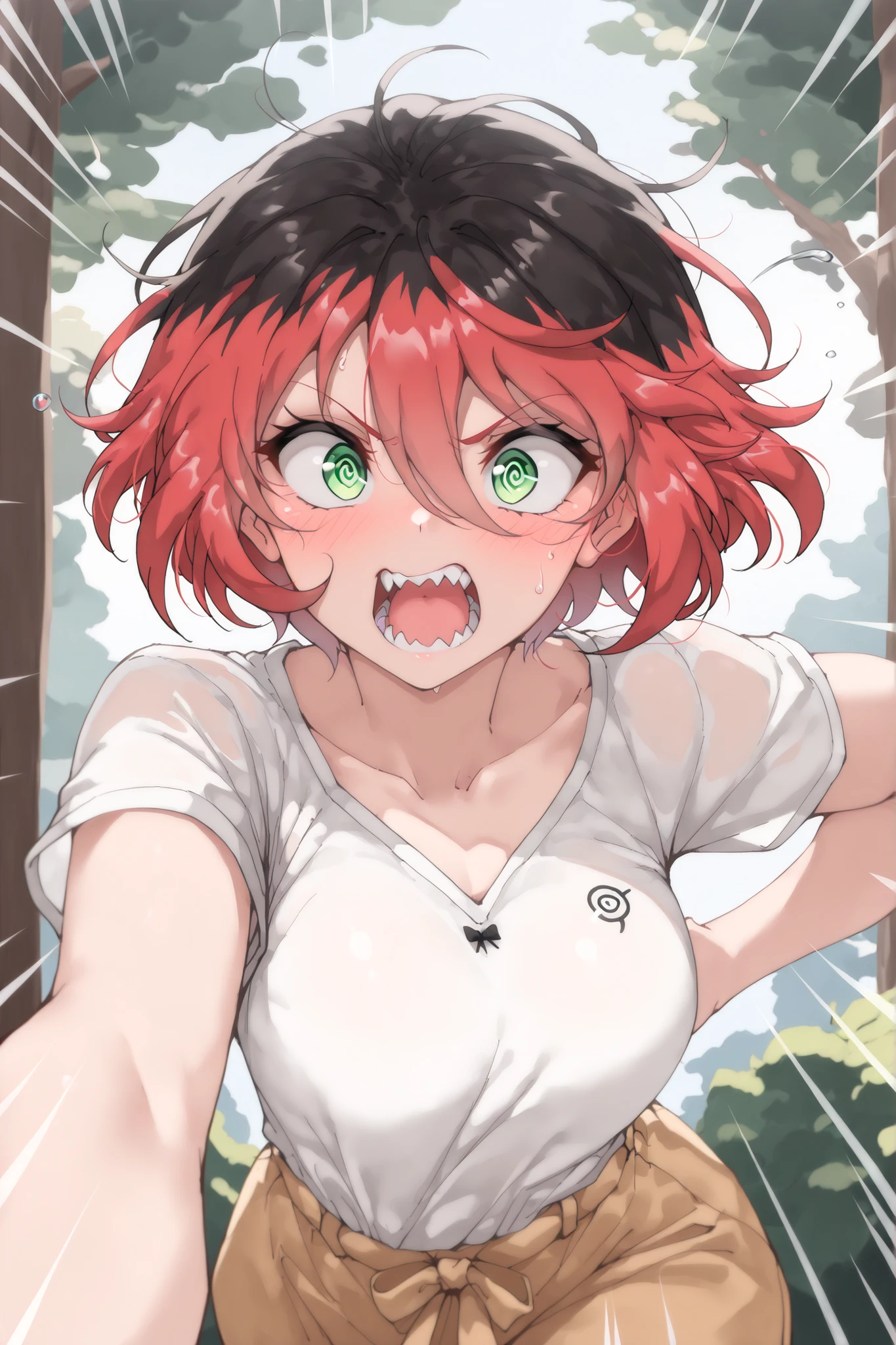 (((( masterpiece)))), (((( Best Quality)))), (((high resolution,anatomically correct,masterpiece,Best Quality,4K,))),masterpiece,side,side,sideを見せる, dodge,Womens 1,fascinating, adult appeal ,sexy,side汗,is erotic,Married Woman,Beauty Witch, super huge ,solo,Just one,shortage々Shii woman,short hair,Gradation Color,detailed eyes, sharp eyes,odd-eye,green eyes,Spiral Eye,open your eyes,Eyes are a symbol ,Detailed Faces, shout,anger,Open Your Mouth,Japanese lines,Vermillion Energy,Vermillion Energyを纏う, I'll raise one arm,arms,Perfect clothes ,action,attack,During combat, less exposed,outdoor,shortage野,anime,バトルanime,