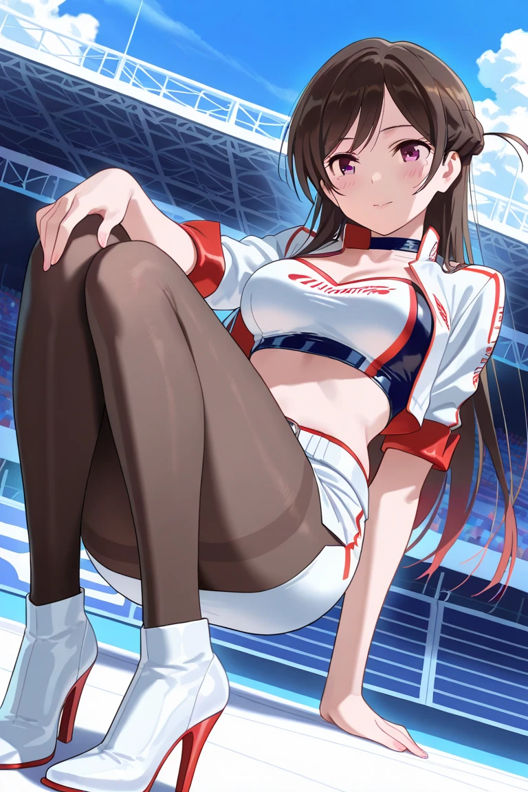masterpiece, high quality, highres, absurdres, ultra-detailed, detailed eyes, blush, 8k, gloria2, 1girl, solo, brown eyes, brown hair, single glove, gloria \(pokemon\), bangs, collared shirt, white socks, white shorts, short hair, partially fingerless gloves, short shorts, kneehighs, striped shirt, bob cut, print shirt, vertical stripes, eyelashes, cafe background, bar, wood, large window, vibrant, contrast, relax, sitting, large breasts, thick thighs
